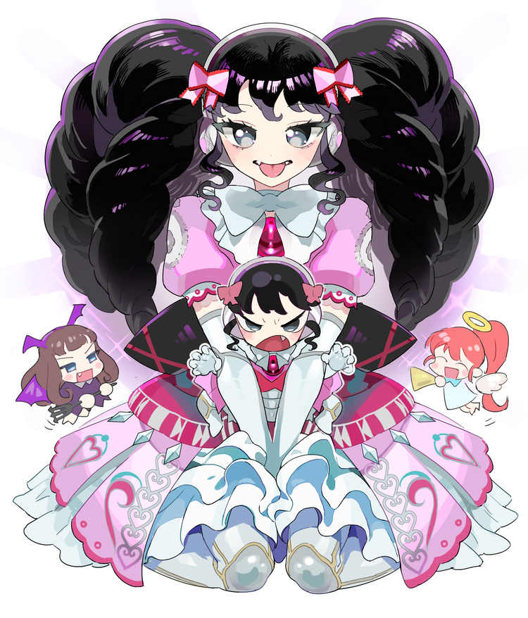 4girls :d angel_and_devil between_legs black_hair blue_eyes blunt_bangs blush bow brown_hair chibi chibi_inset closed_eyes commentary_request demon_wings doll_joints dress drill_hair dual_persona elbow_gloves fang fangs full_body garuru_(pripara) gloves grey_eyes hair_bow halo hand_between_legs headphones joints kurosu_aroma long_hair looking_at_viewer mechanical_legs mini_person minigirl moudoku_(decopon3rd) multiple_girls open_mouth pink_bow pink_dress ponytail pretty_(series) pripara puffy_short_sleeves puffy_sleeves redhead shiratama_mikan short_sleeves sidelocks sitting smile tongue tongue_out twin_drills v_arms very_long_hair wariza white_bow white_gloves wings yellow_halo