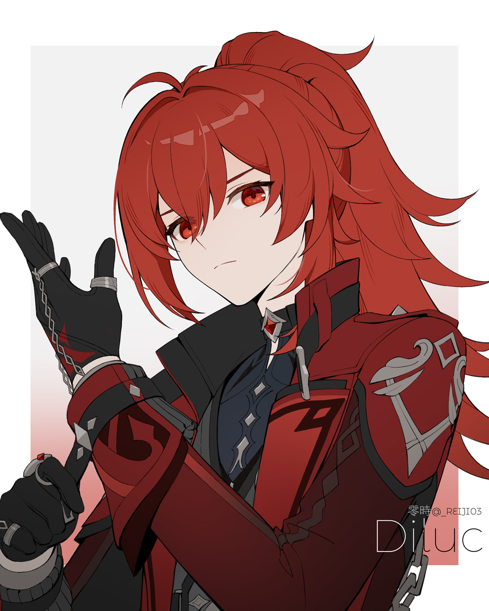 1boy black_gloves character_name closed_mouth coat diluc_(genshin_impact) diluc_(red_dead_of_night)_(genshin_impact) genshin_impact gloves hair_between_eyes highres long_hair long_sleeves looking_at_viewer male_focus ponytail red_coat red_eyes redhead rj_(lingshih10) simple_background solo upper_body