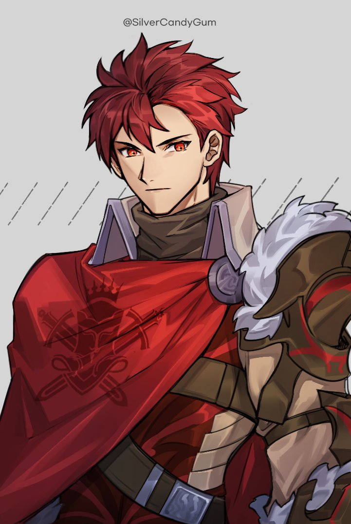 armor belt belt_buckle buckle cape closed_mouth diamant_(fire_emblem) fire_emblem fire_emblem_engage insignia leather looking_at_viewer red_cape red_eyes redhead silvercandy_gum