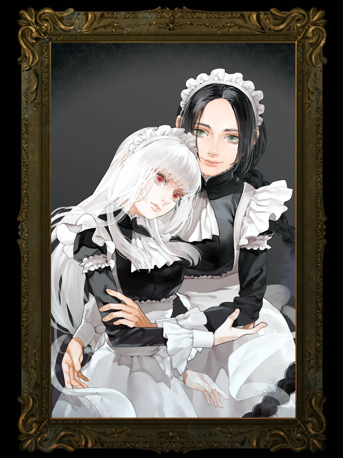2girls albino apron black_dress black_hair blunt_bangs braid dress fata_morgana_no_yakata green_eyes head_tilt highres holding_another's_arm kane_mune long_hair long_sleeves looking_at_viewer maid maid_apron maid_headdress multiple_girls official_art parted_lips picture_frame red_eyes smile the_maid_(fata_morgana) the_white-haired_girl_(fata_morgana) upper_body white_hair