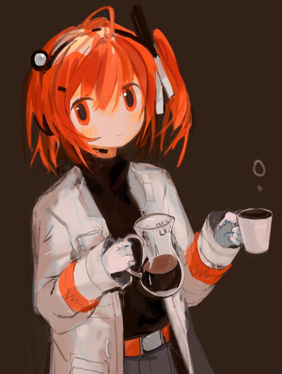 1girl a.i._voice adachi_rei belt black_shirt blush brown_background coffee coffee_mug coffee_pot commentary cowboy_shot cup gloves hair_ornament hair_ribbon hairclip hands_up head_tilt headlamp headphones holding holding_cup jacket looking_at_viewer mug one_side_up open_clothes open_jacket orange_belt orange_eyes orange_hair radio_antenna ribbon shirt simple_background smile solo symbol-only_commentary tenpibo_ramune utau white_gloves white_jacket white_ribbon