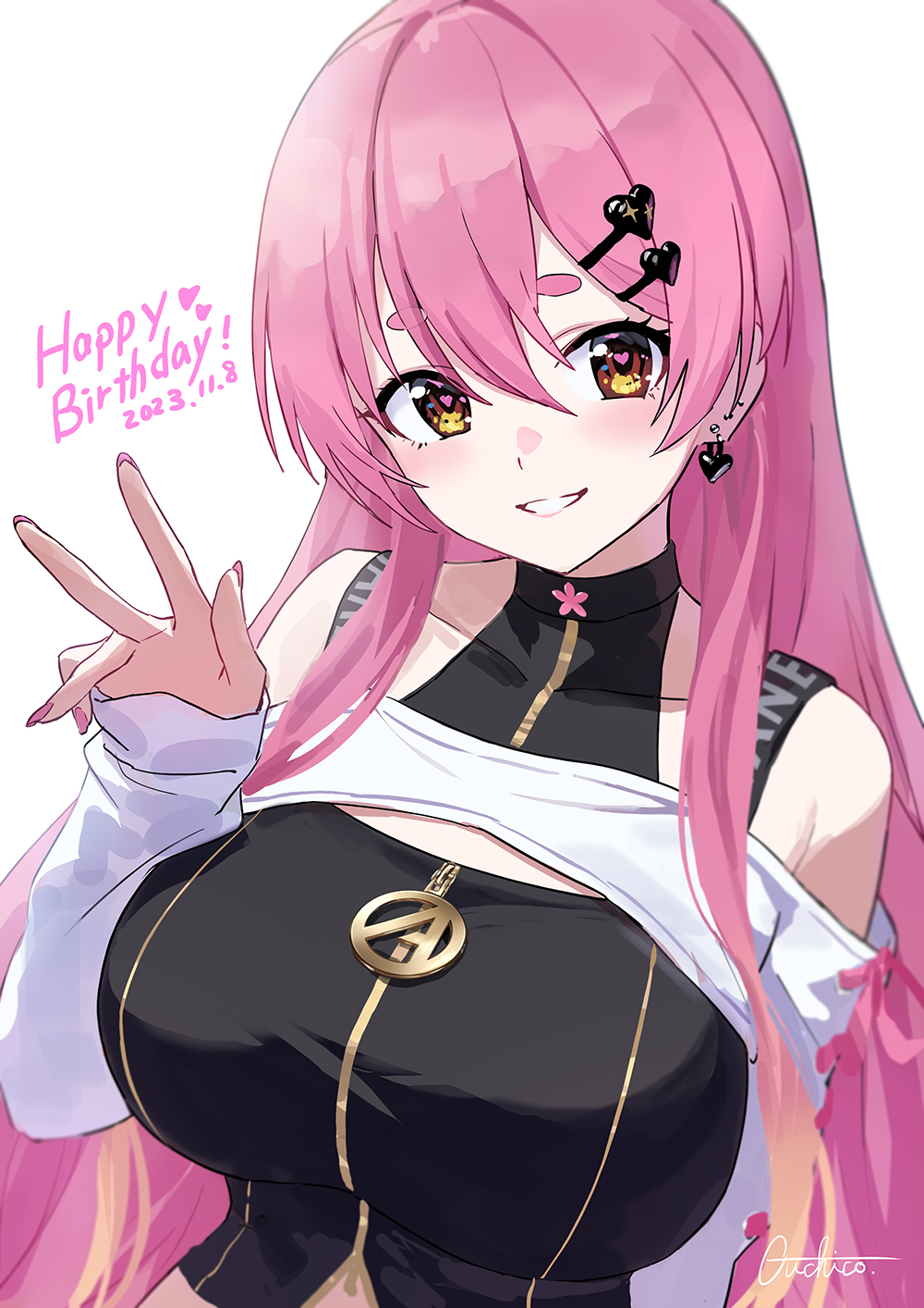 1girl aizono_manami black_shirt breasts cropped_head cropped_torso double-parted_bangs earrings guchico hair_between_eyes hair_ornament happy_birthday heart heart_earrings heart_hair_ornament heart_in_eye highres jewelry large_breasts looking_at_viewer middle_finger nijisanji pink_hair pink_nails shirt shrug_(clothing) sidelocks smile symbol_in_eye thick_eyebrows virtual_youtuber white_background yellow_eyes