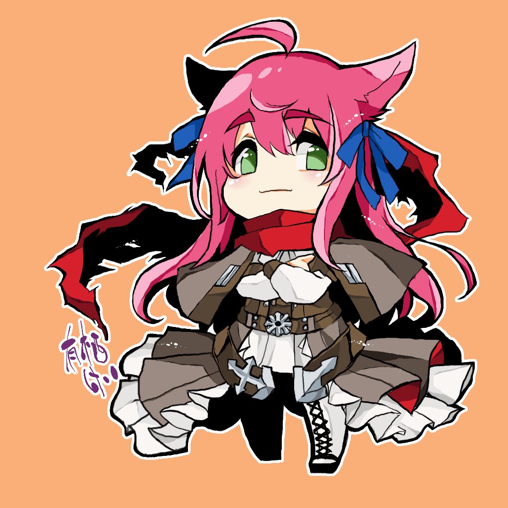 1girl ahoge alice_key animal_ears belt blue_bow blush boots bow brown_belt brown_coat cat_ears chibi closed_mouth coat commentary_request cross-laced_footwear crossed_arms dress emblem full_body green_eyes hair_between_eyes hair_bow long_hair long_sleeves looking_at_viewer medium_bangs night_watch_(ragnarok_online) orange_background outline pink_hair ragnarok_online red_scarf scarf sidelocks simple_background smile solo white_dress white_footwear white_outline