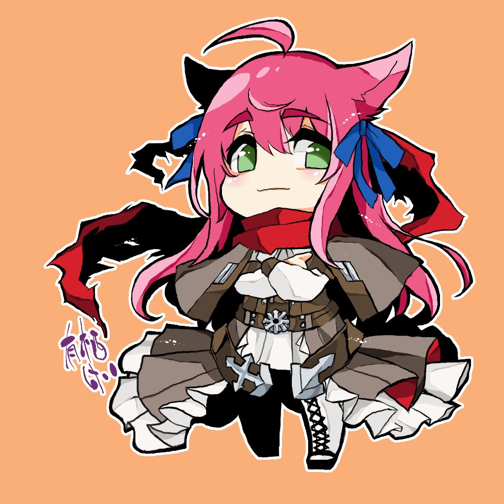 1girl ahoge alice_key animal_ears belt blue_bow blush boots bow brown_belt brown_coat cat_ears chibi closed_mouth coat commentary_request cross-laced_footwear crossed_arms dress emblem full_body green_eyes hair_between_eyes hair_bow long_hair long_sleeves looking_at_viewer medium_bangs night_watch_(ragnarok_online) orange_background outline pink_hair ragnarok_online red_scarf revision scarf sidelocks simple_background smile solo white_dress white_footwear white_outline