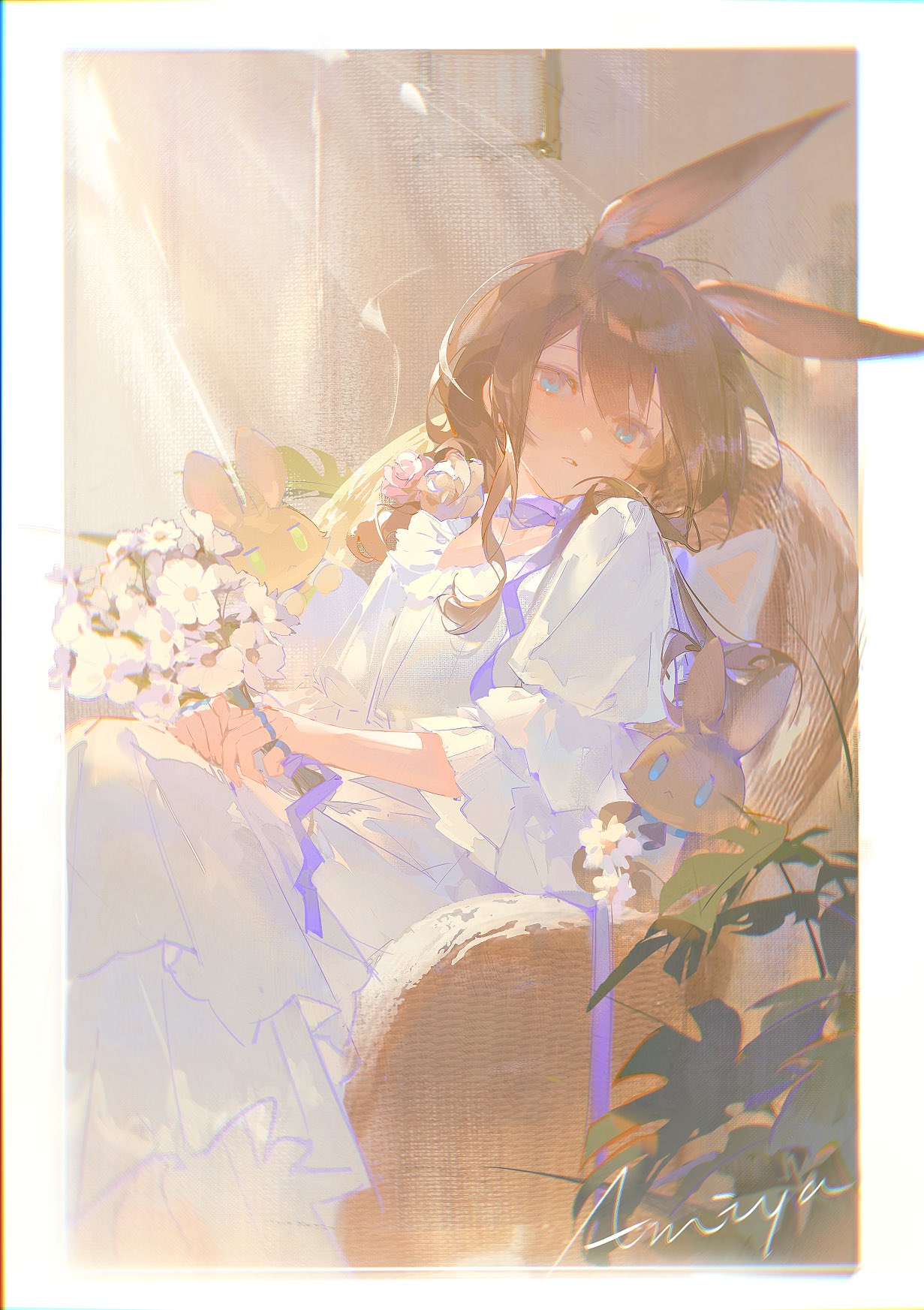 1girl amiya_(arknights) animal_ears arknights blue_eyes blue_ribbon border bouquet brown_hair character_name choshanland_plushy_(arknights) dress flower green_eyes hair_between_eyes hair_flower hair_ornament highres holding holding_bouquet indoors jewelry koujuan long_hair looking_at_viewer multiple_rings on_chair outside_border parted_lips pink_flower plant rabbit_ears ribbon ring short_sleeves solo white_border white_dress white_flower wide_sleeves