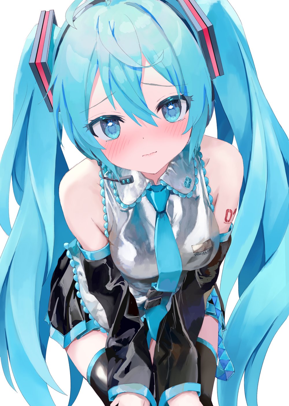 1girl aqua_eyes aqua_hair aqua_necktie black_skirt breasts good_breasts_day hatsune_miku highres light_blush long_hair looking_at_viewer medium_bangs microphone necktie number_tattoo pleated_skirt simple_background skirt small_breasts solo takepon1123 tattoo twintails vocaloid white_background