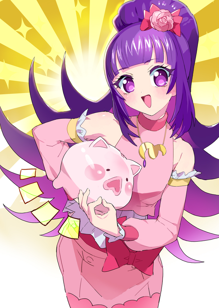 1girl :d bare_shoulders blunt_bangs blush bow commentary_request cowboy_shot cropped_shirt detached_sleeves flipped_hair flower gold_necklace hair_bow hair_flower hair_ornament hanazono_shuuka hand_on_own_hip holding idol_time_pripara jewelry long_hair looking_at_viewer moudoku_(decopon3rd) necklace notice_lines ok_sign open_mouth piggy_bank pink_bow pink_flower pink_rose pink_shirt pink_skirt pink_sleeves ponytail pretty_(series) pripara purple_hair rose shirt skirt smile solo sparkle standing violet_eyes yellow_background