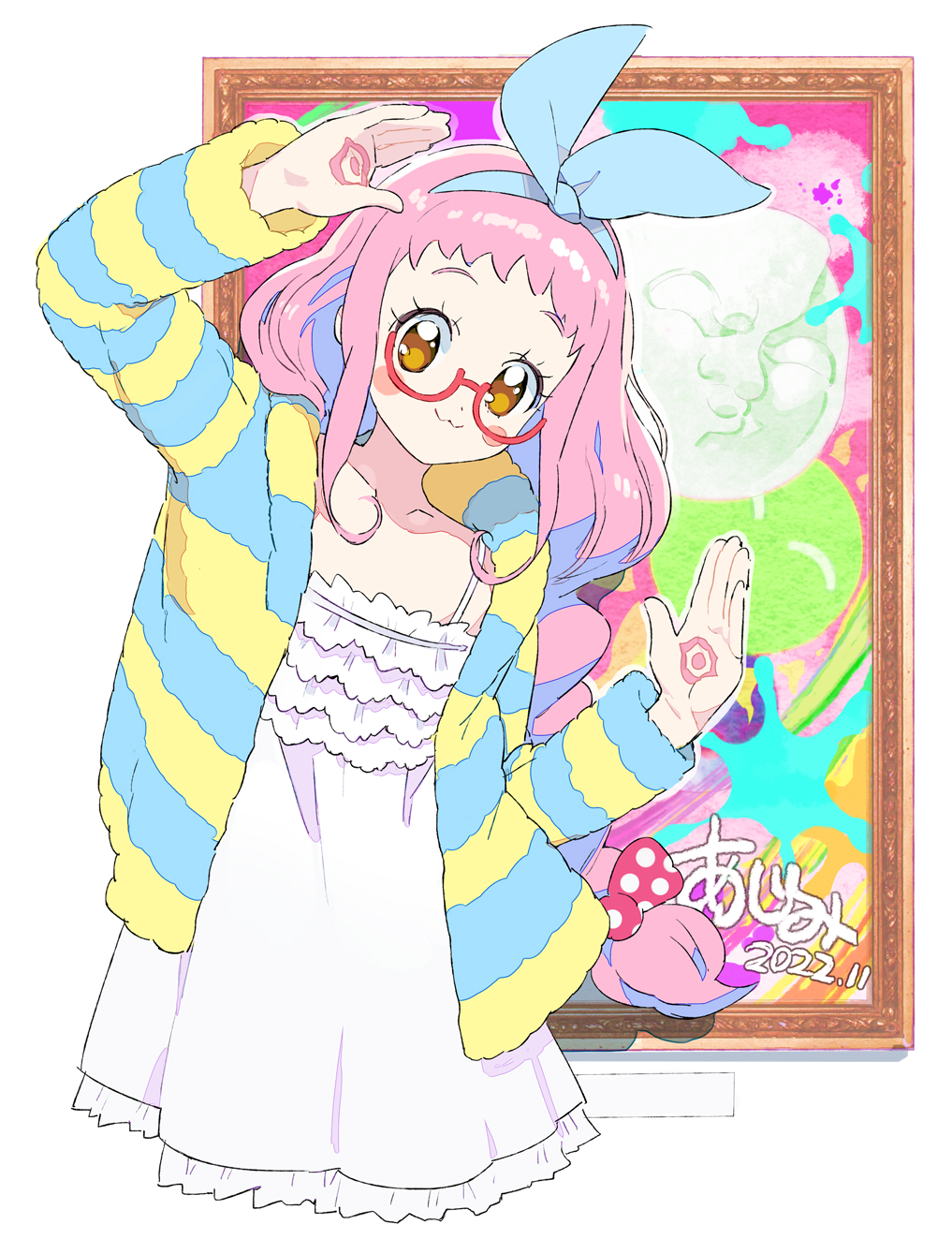 1girl :3 arm_up blue_bow blue_hairband blush bow braid brown_eyes cardigan character_name chemise closed_mouth commentary_request cropped_legs dated frills glasses hair_bow hairband hand_tattoo hand_up highres kiki_ajimi long_hair long_sleeves looking_at_viewer moudoku_(decopon3rd) open_cardigan open_clothes painting_(object) picture_frame pink_bow pink_hair polka_dot polka_dot_bow pretty_(series) pripara red-framed_eyewear single_braid smile solo spaghetti_strap standing striped tattoo