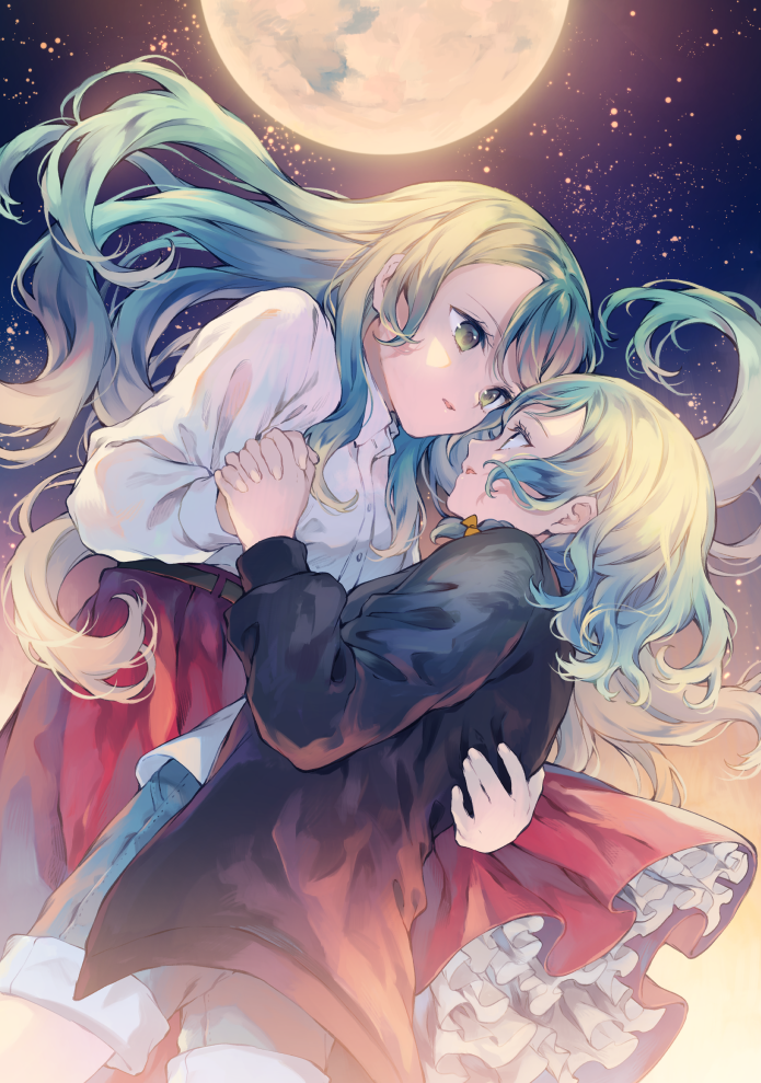 2girls aqua_hair bang_dream! black_jacket braid cutoff_jeans cutoffs floating_hair frilled_skirt frills green_eyes hand_on_another's_back hikawa_hina hikawa_sayo holding_hands imminent_kiss incest interlocked_fingers jacket long_hair looking_at_another medium_hair moon_background multiple_girls open_mouth red_skirt shirt siblings sisters skirt starry_background tamaki_iori twincest twins white_shirt yuri