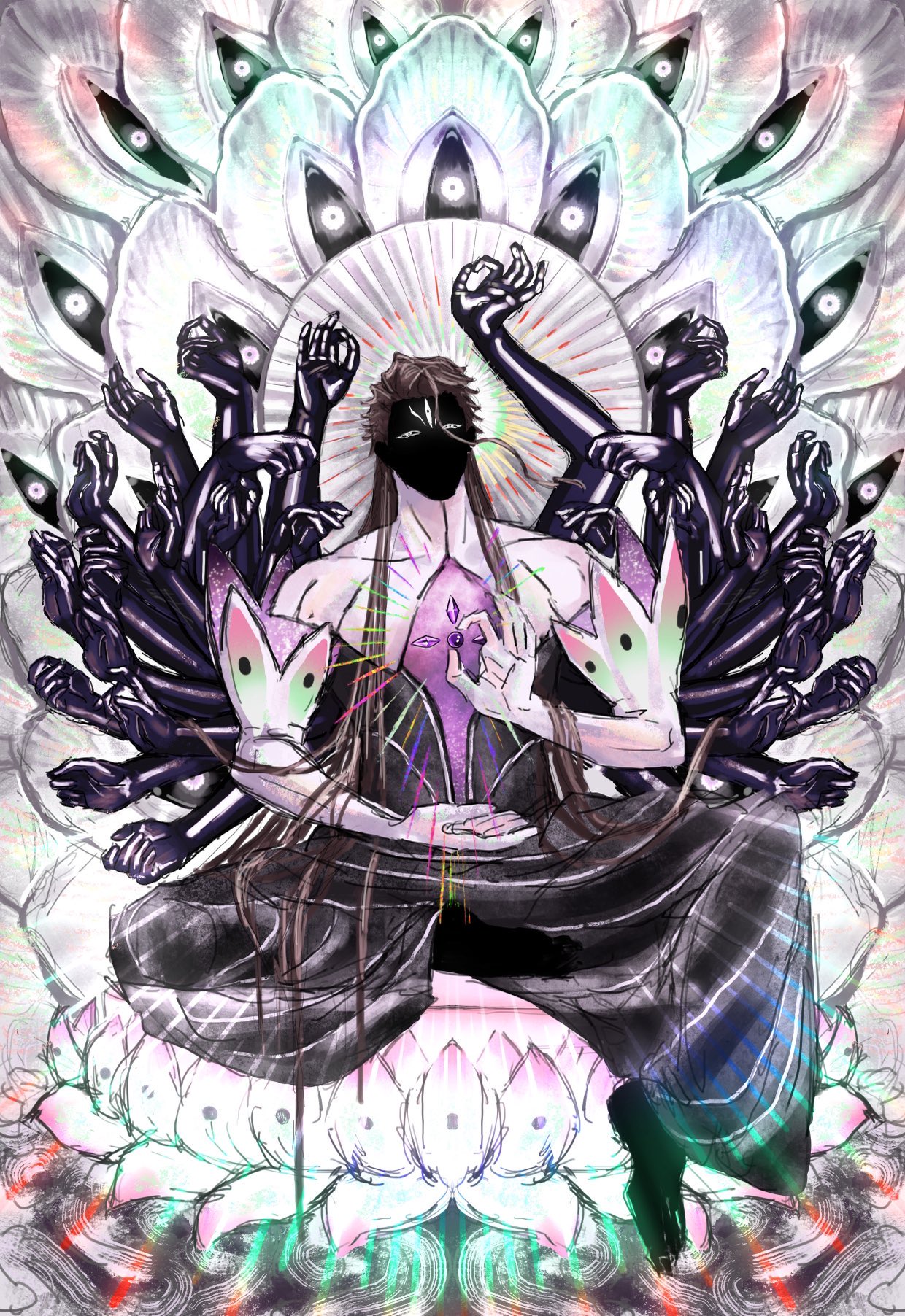 1boy aizen_sousuke alternate_hair_length alternate_hairstyle barefoot be023 black_sclera black_skin bleach brown_hair buddhism colored_sclera colored_skin detached_arm elbow_gloves extra_arms extra_eyes gloves glowing glowing_eyes highres hogyoku_(bleach) indian_style karana_mudra long_hair loose_hair_strand lotus_pedestal male_focus mudra no_mouth shaded_face sitting third_eye very_long_hair water white_gloves