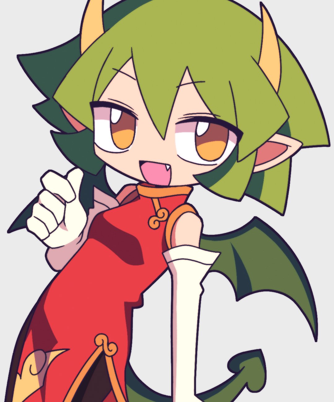 1girl brown_eyes brown_pants china_dress chinese_clothes commentary draco_centauros dragon_girl dragon_tail dragon_wings dress fang gloves green_hair green_wings grey_background hair_between_eyes highres ikyllua looking_at_viewer madou_monogatari open_mouth pants pointy_ears puyopuyo red_dress short_hair side_slit simple_background solo tail white_gloves wings yellow_horns