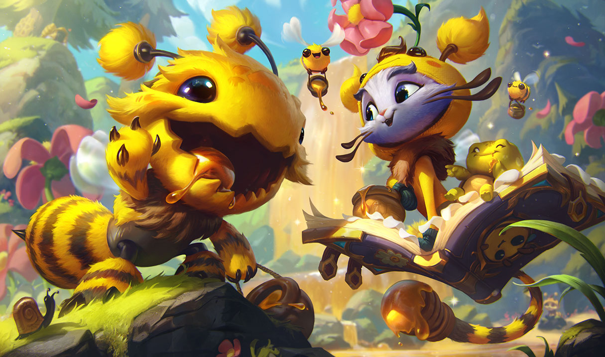 :d animal bad_source bee bee'maw bee_costume beemo body_fur bug cat creature day flower frog grey_fur honey honeypot kog'maw league_of_legends looking_at_another no_humans official_alternate_costume official_art open_mouth outdoors red_flower smile snail teemo tree yellow_fur yuubee