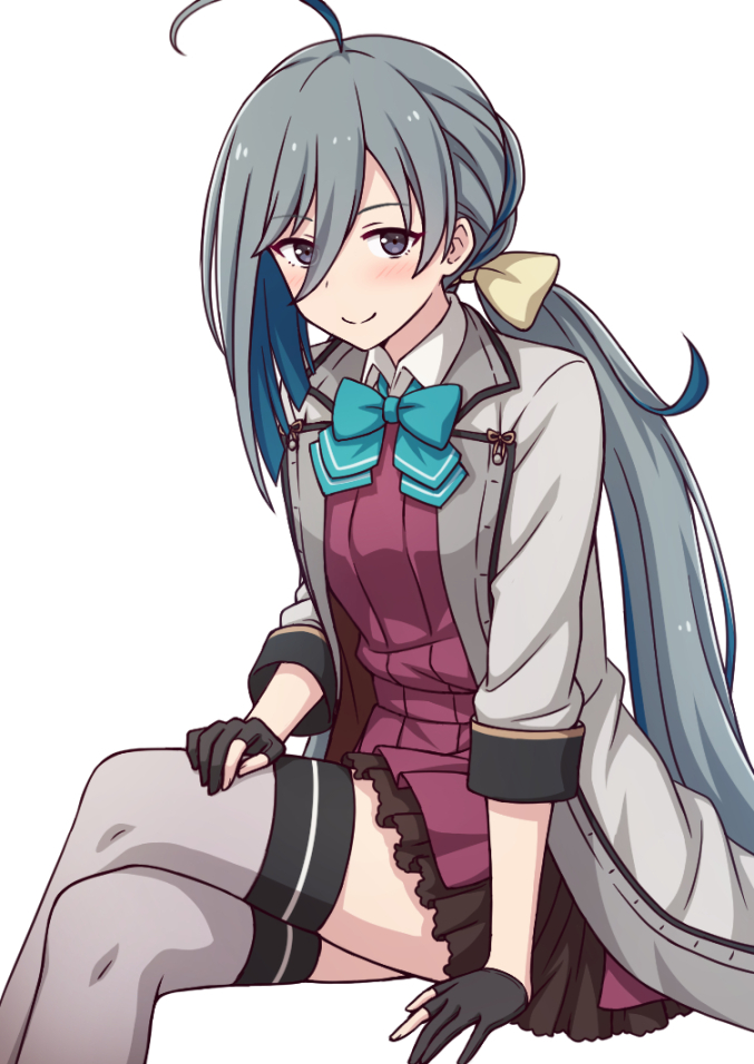 1girl ahoge aqua_bow aqua_bowtie black_gloves bow bowtie coat crossed_legs dress feet_out_of_frame gloves grey_coat grey_eyes grey_hair grey_thighhighs hair_between_eyes hair_bun kantai_collection kiyoshimo_(kancolle) low_twintails nakamura_sumikage partially_fingerless_gloves pleated_dress purple_dress simple_background single_hair_bun sitting solo thigh-highs twintails white_background