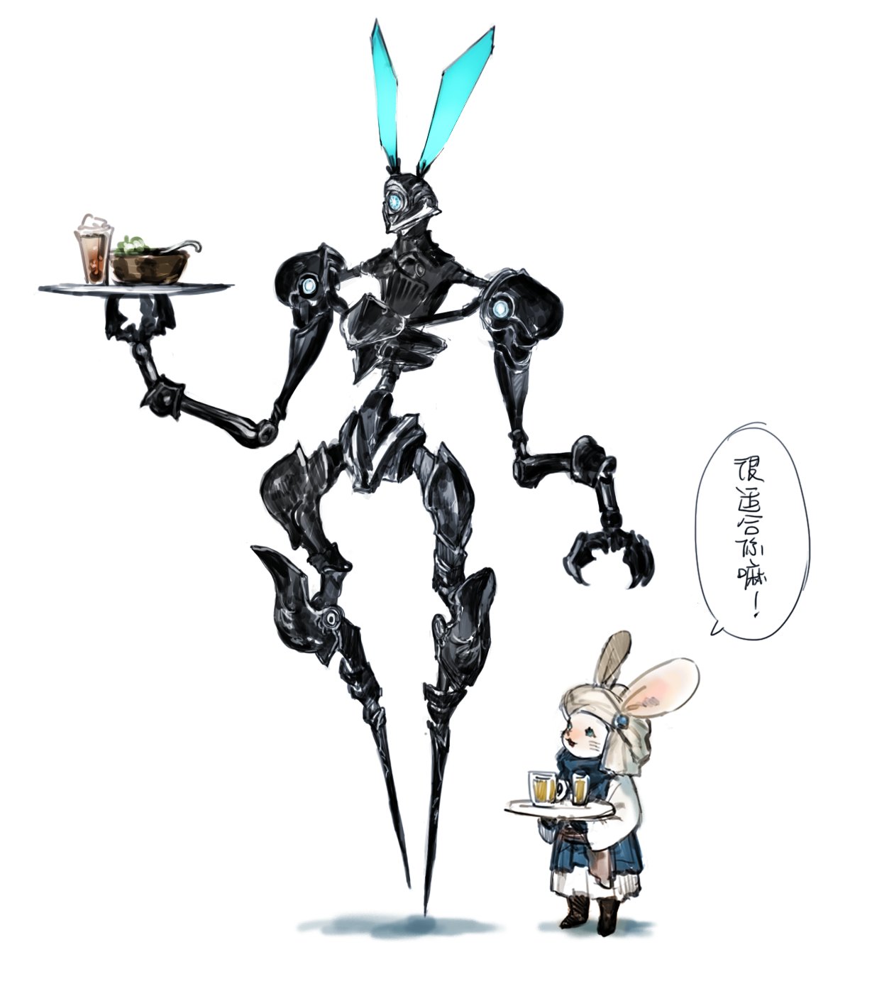 2others ambiguous_gender animal_ears boots bowl brown_footwear chinese_text cup dress drink drinking_glass final_fantasy final_fantasy_xiv full_body height_difference highres holding holding_tray loporrit multiple_others open_mouth other_focus quxiaochong rabbit_ears robot simple_background speech_bubble standing translation_request tray turban white_background white_dress white_headwear