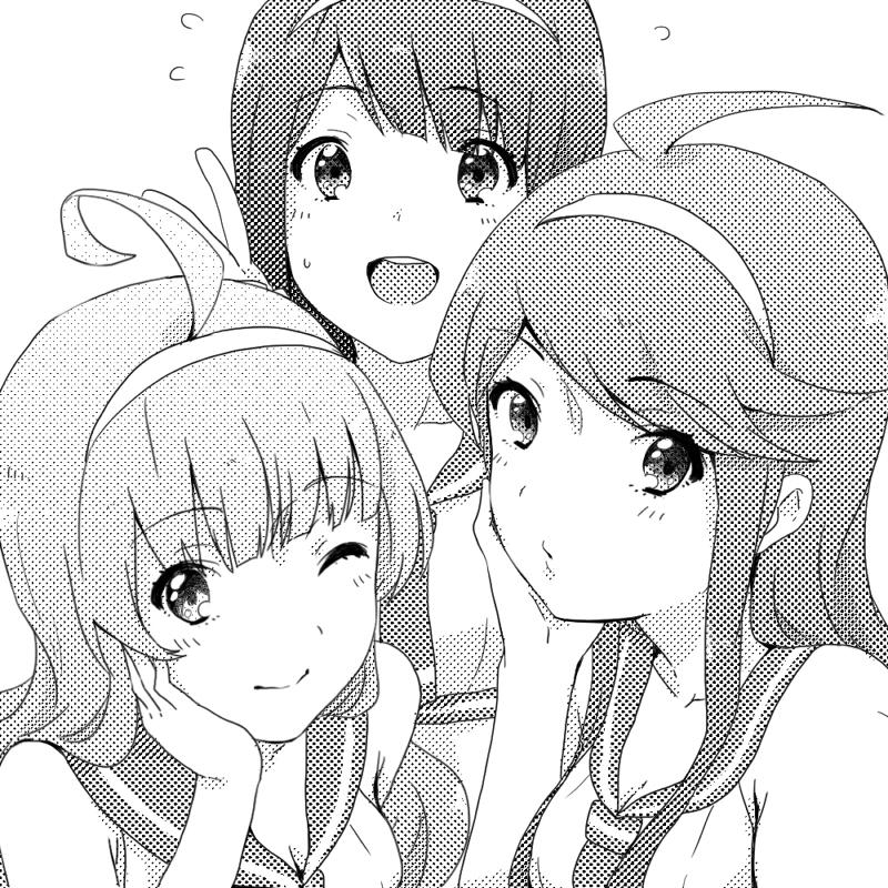 3girls ahoge blush_stickers closed_mouth collared_shirt commentary_request eyelashes flying_sweatdrops greyscale hairband hand_on_own_cheek hand_on_own_face hand_up idolmaster idolmaster_million_live! long_hair looking_at_viewer monochrome multiple_girls neckerchief open_mouth parted_lips sailor_collar sailor_shirt school_uniform shimabara_elena shirt sidelocks smile straight_hair tanaka_kotoha teeth tokoro_megumi upper_body upper_teeth_only v wavy_hair white_background witoi_(roa)
