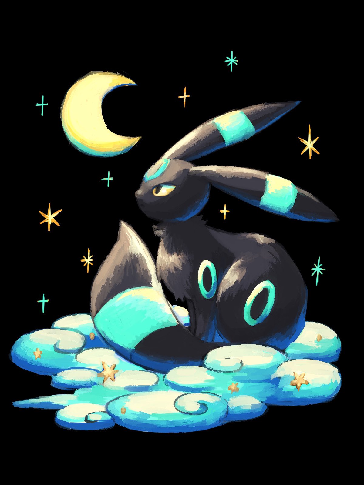 7_phi_3 alternate_color black_background black_fur clouds crescent_moon highres moon no_humans pokemon pokemon_(creature) shiny_pokemon sitting sitting_on_cloud star_(sky) tail umbreon yellow_eyes