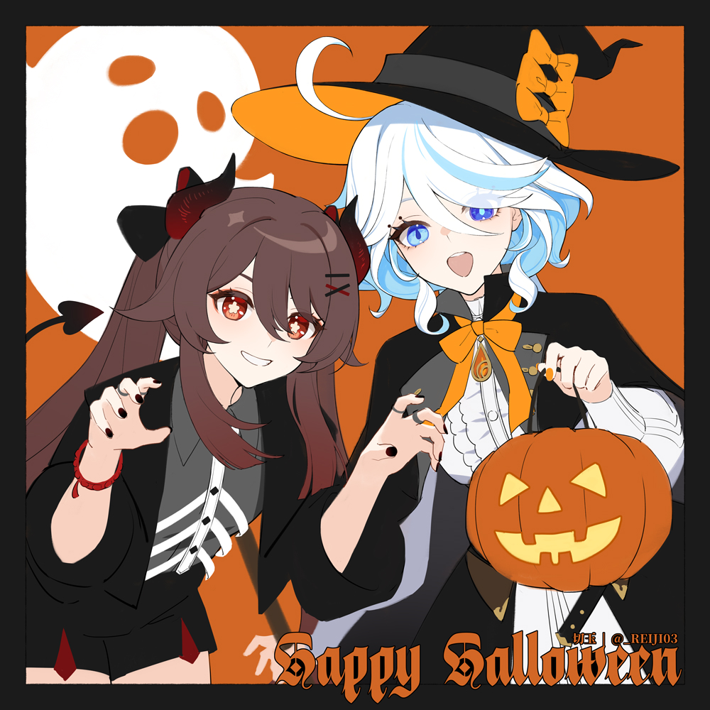 2girls ahoge black_border black_nails black_shorts blue_eyes blue_hair border brown_hair flower-shaped_pupils furina_(genshin_impact) genshin_impact ghost gradient_hair hair_between_eyes hair_ornament hairclip halloween halloween_bucket halloween_costume happy_halloween hat horns hu_tao_(genshin_impact) jewelry leaning_forward long_hair looking_at_viewer mismatched_pupils multicolored_hair multiple_girls multiple_rings nail_polish open_mouth orange_background orange_nails red_eyes redhead ring rj_(lingshih10) shorts symbol-shaped_pupils tail teeth twitter_username upper_teeth_only very_long_hair white_hair witch_hat