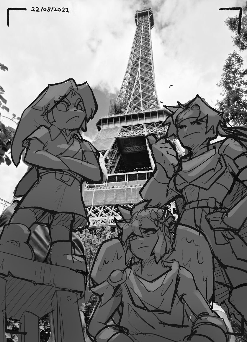 3boys character_request clouds cloudy_sky crossed_arms dated eiffel_tower frown greyscale hat headband kid_icarus link male_focus monochrome multiple_boys outdoors pit_(kid_icarus) pointing scarvii short_hair sketch sky the_legend_of_zelda wings