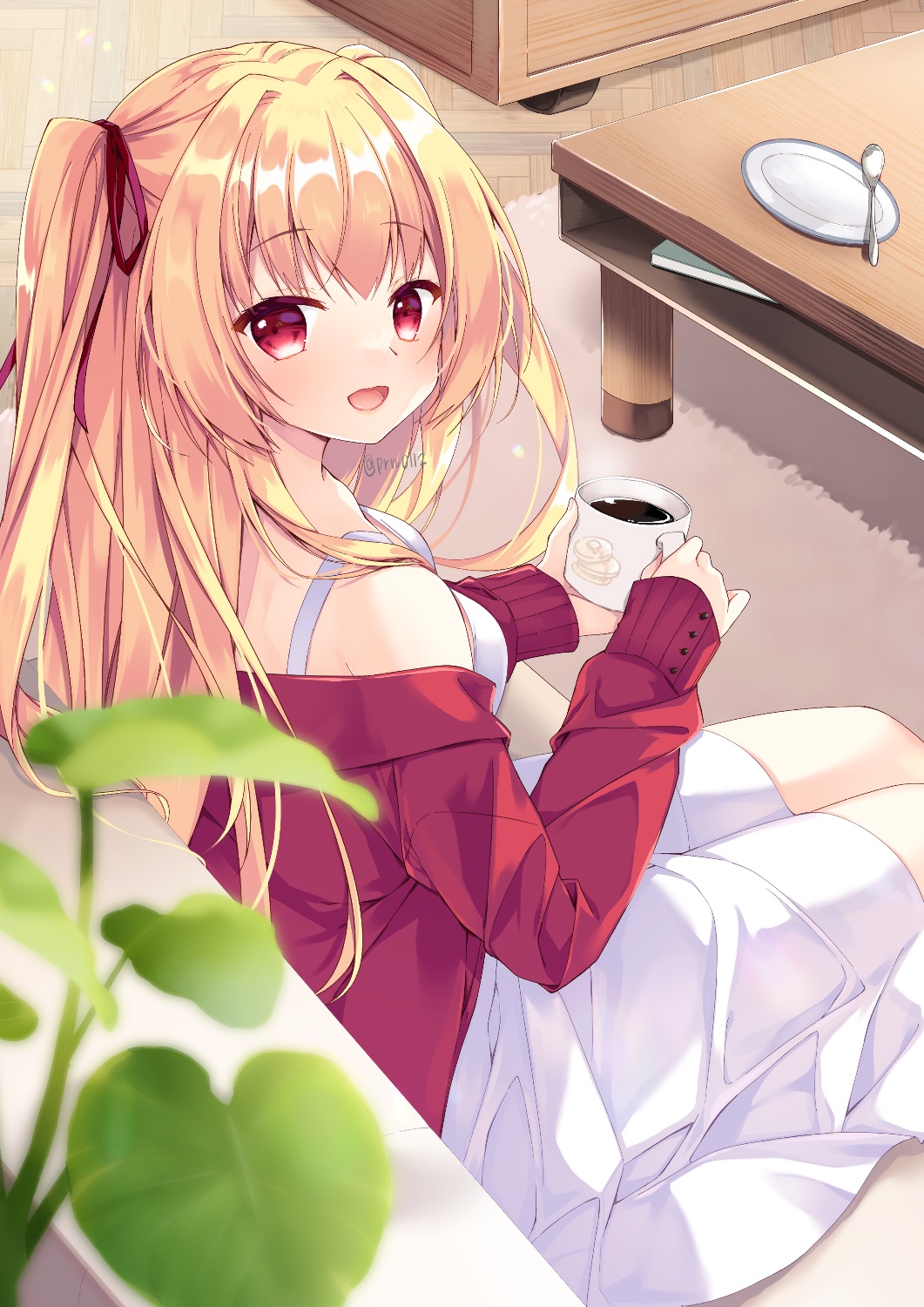 1girl :d blonde_hair blurry blush casual coffee coffee_mug colored_eyelashes commentary commission couch cup depth_of_field eyelashes eyes_visible_through_hair from_side hair_between_eyes hair_intakes hair_over_shoulder hair_ribbon happy highres holding holding_cup indoors irotoridori_no_sekai leaf long_hair looking_at_viewer looking_back mug nikaidou_shinku off_shoulder on_couch open_mouth purinpurin red_eyes red_ribbon red_sweater ribbon single_bare_shoulder sitting skeb_commission skirt sleeves_past_wrists smile solo straight_hair sweater twitter_username two_side_up white_skirt