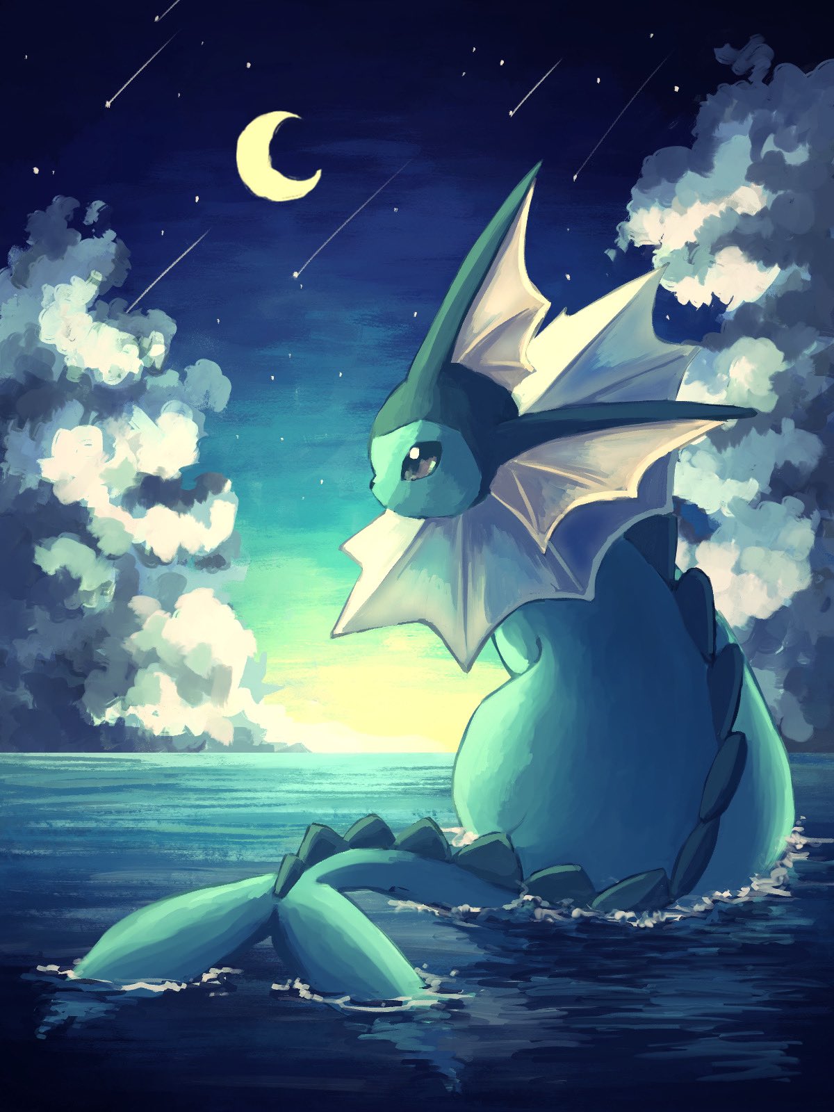 7_phi_3 animal_focus blue_skin clouds colored_skin crescent_moon forked_tail highres horizon moon night night_sky no_humans partially_submerged pokemon pokemon_(creature) shooting_star sky solo star_(sky) tail vaporeon water
