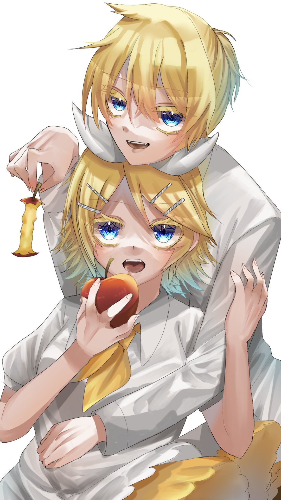 apple apple_core arm_around_shoulder blonde_hair blue_eyes bow brother_and_sister collared_dress colored_eyelashes dress evillious_nendaiki food fruit gretel_(evillious_nendaiki) hair_between_eyes hair_bow hair_ornament hairclip hand_on_another's_arm hand_on_another's_stomach hansel_(evillious_nendaiki) highres holding holding_food holding_fruit hug hug_from_behind imminent_bite kagamine_len kagamine_rin kei_(3o4xxwcc5nksquy) long_sleeves neckerchief okizari_tsukiyosyou_(vocaloid) open_mouth red_apple shirt short_ponytail short_sleeves siblings smile swept_bangs twins vocaloid white_bow white_dress white_shirt yellow_neckerchief
