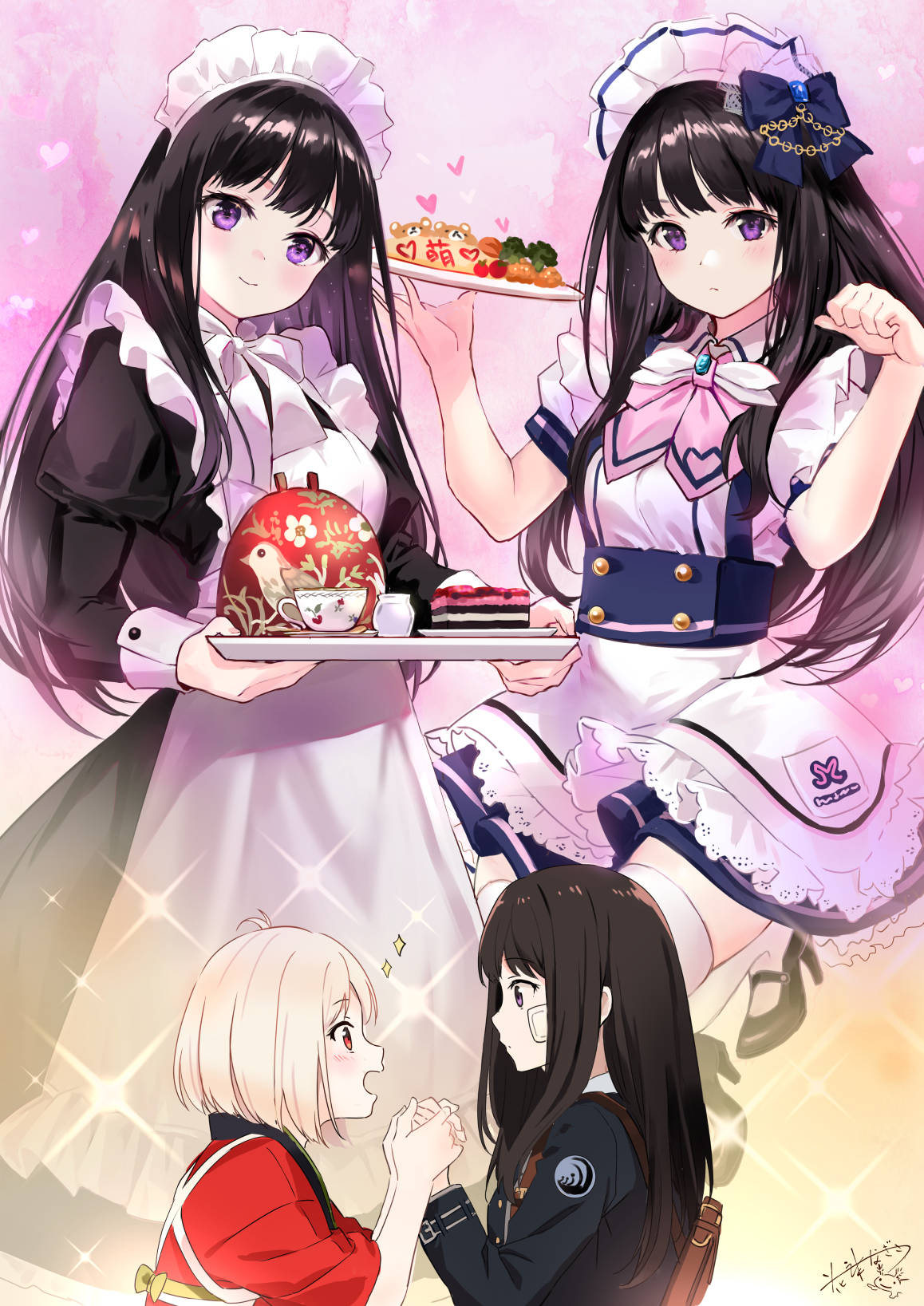 2girls apron bandage_on_face bandages black_dress black_hair blonde_hair blue_bow bow cake cake_slice carrying_bag commentary cup dress food frilled_dress frills hair_bow highres holding holding_hands holding_plate long_hair lovestruck lycoris_recoil lycoris_uniform maid maid_headdress multiple_girls omelet omurice pierorabu plate red_apron red_eyes red_ribbon ribbon sparkle symbol-only_commentary teacup violet_eyes white_dress yuri