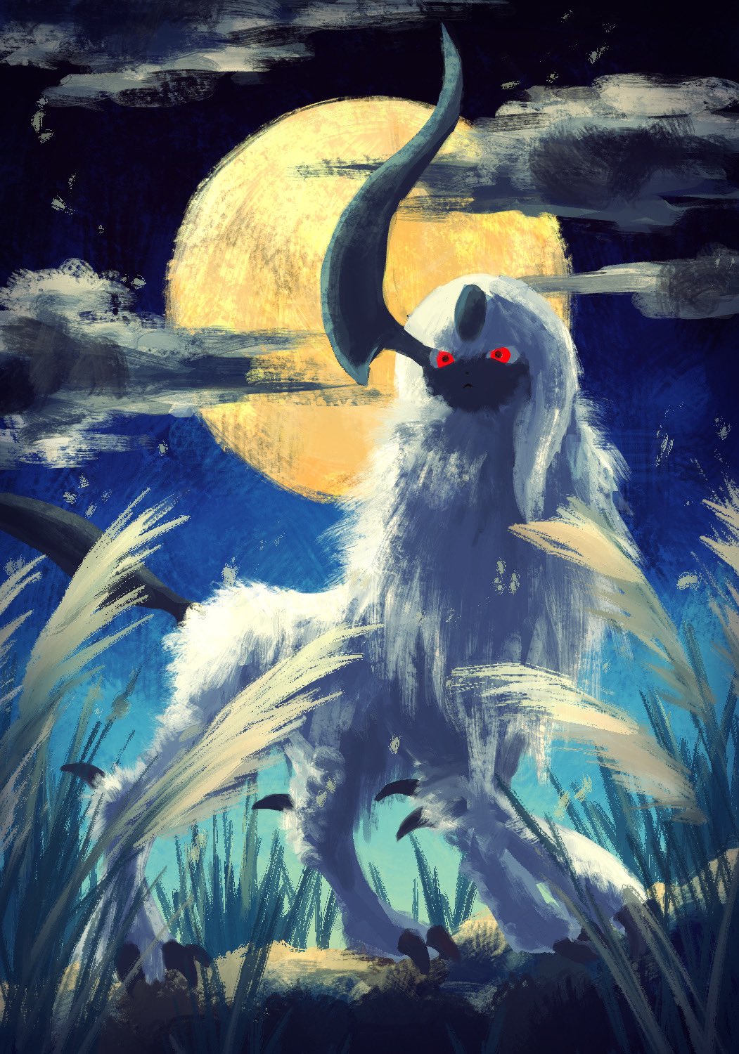 7_phi_3 absol animal_focus claws clouds forehead_jewel from_below full_moon glowing glowing_eyes grass highres horns looking_at_viewer mane moon night night_sky no_humans pokemon pokemon_(creature) red_eyes single_horn sky solo star_(sky) tail white_fur
