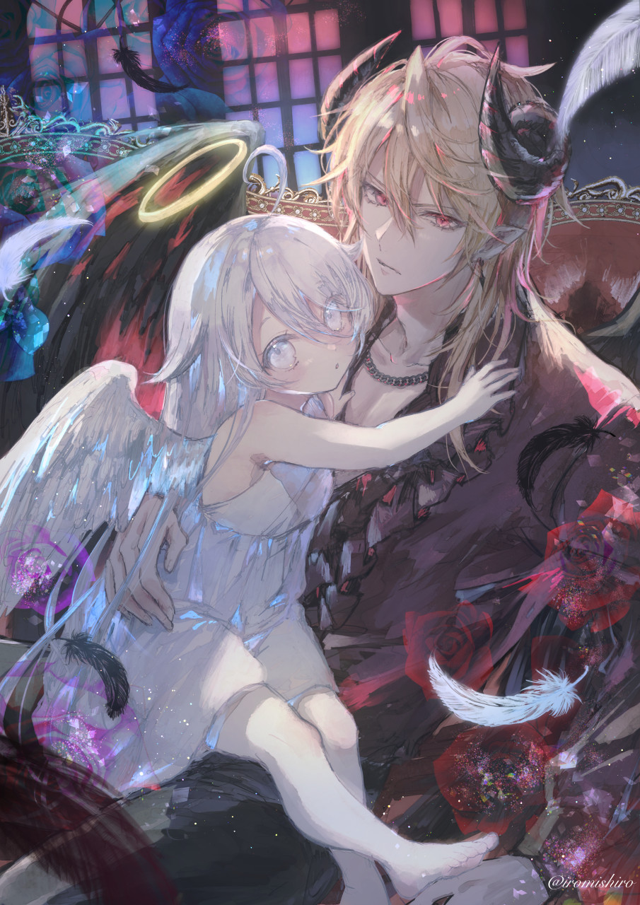 1boy 1girl age_difference ahoge angel angel_wings armchair bare_shoulders black_wings blonde_hair chair commentary_request curled_horns demon_boy dress earrings expressionless feathered_wings feathers flower frilled_shirt frills halloween halo highres horns indoors jewelry long_hair looking_at_viewer mishiro_(iromishiro) necklace original pantyhose pointy_ears purple_shirt red_eyes rose shirt sitting sitting_on_lap sitting_on_person white_dress white_hair white_pantyhose white_wings window wings