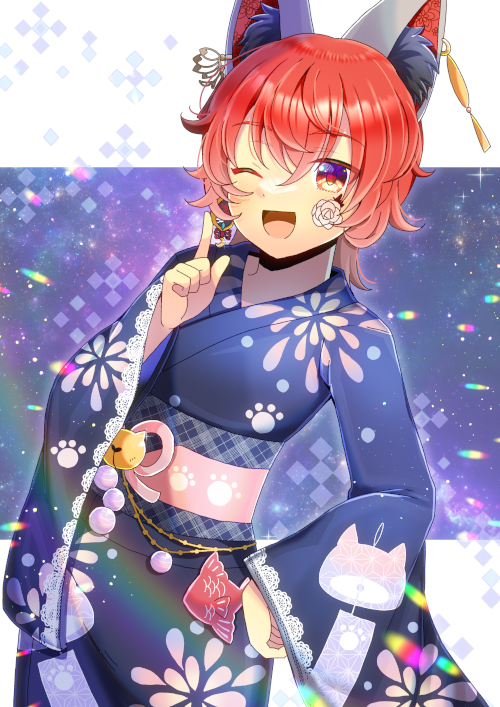 1girl ;d animal_ear_fluff animal_ears bell black_kimono blush commentary_request commission copyright_request hair_between_eyes hand_on_own_hip japanese_clothes jingle_bell kimono kou_hiyoyo long_sleeves looking_at_viewer obi one_eye_closed red_eyes redhead sash skeb_commission smile solo virtual_youtuber wide_sleeves