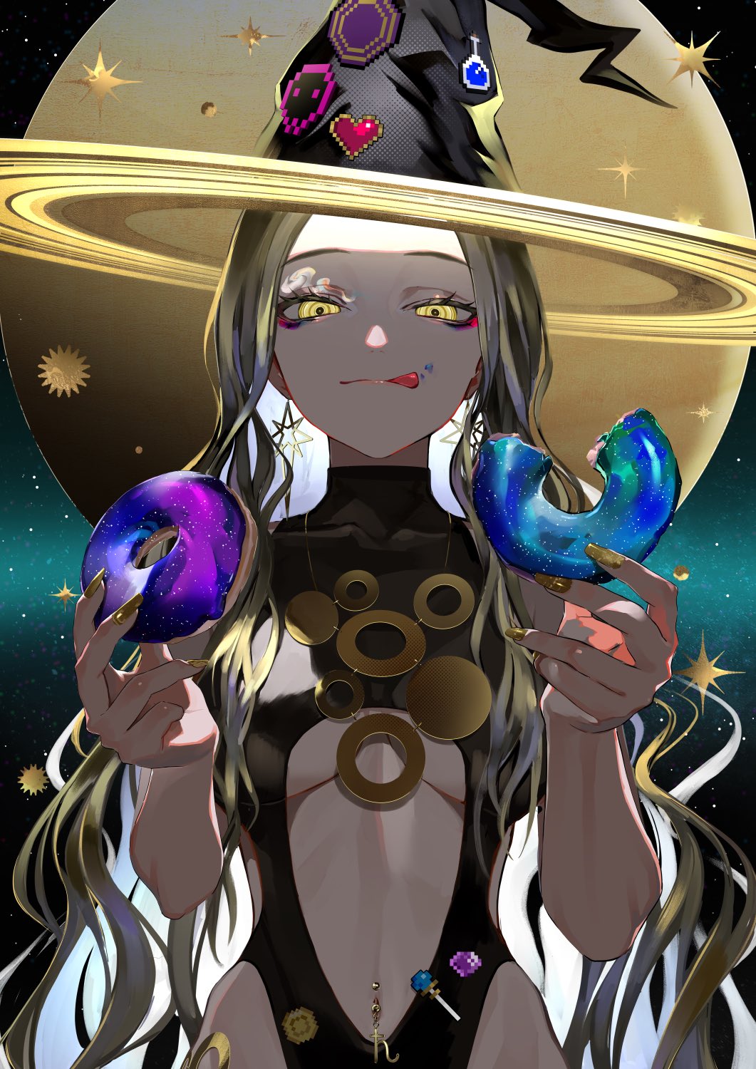1girl blonde_hair breasts colored_inner_hair doughnut earrings eyeshadow facing_viewer food food_on_face gold_nails hat heart highleg highleg_swimsuit highres holding holding_food jewelry lam_(ramdayo) licking_lips long_hair looking_at_viewer makeup medium_breasts multicolored_hair navel navel_piercing original piercing pixel_heart planetary_ring revealing_clothes saturn_(planet) solo star_(sky) star_(symbol) swimsuit tongue tongue_out under_boob upper_body very_long_hair witch_hat yellow_eyes