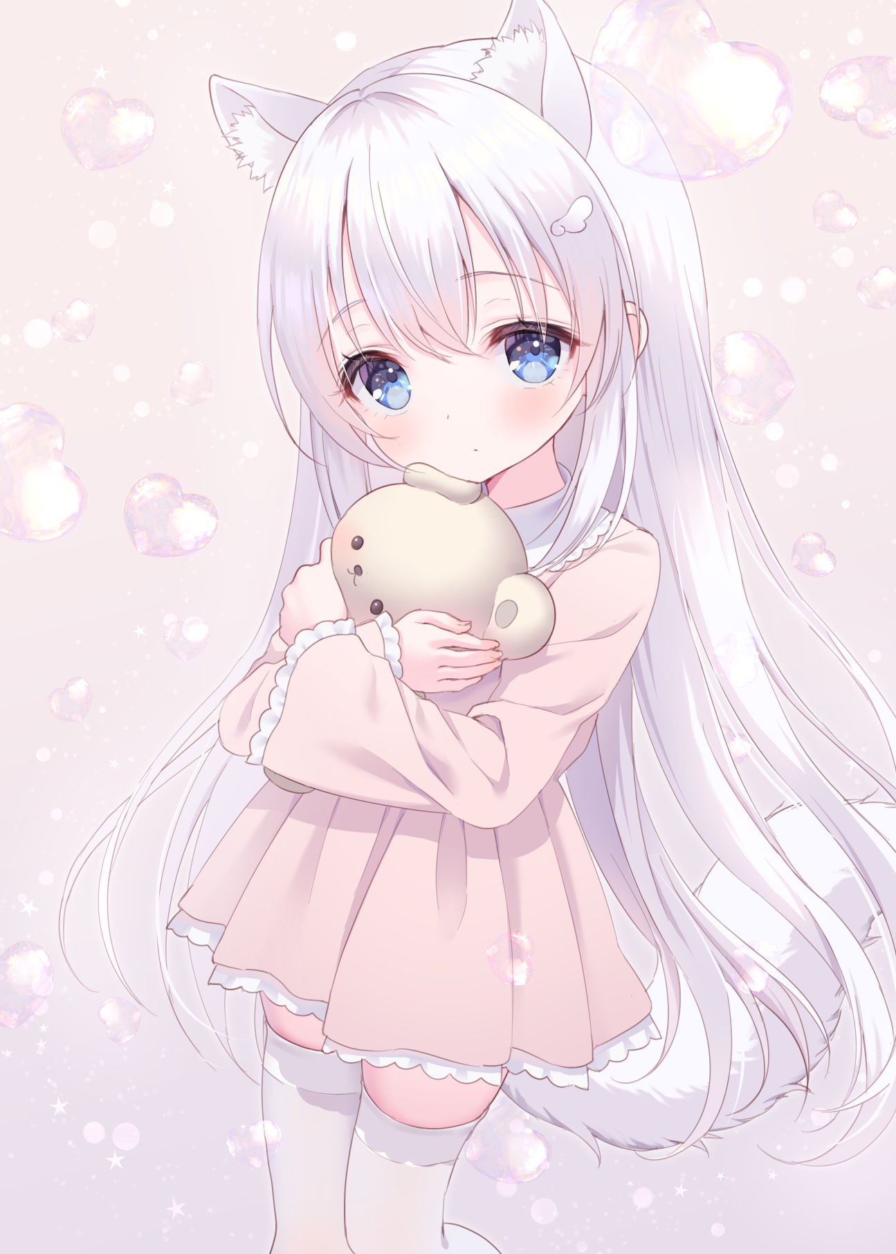 1girl animal_ear_fluff animal_ears blue_eyes blush brown_background chitosezaka_suzu closed_mouth collared_dress commentary_request commission dress grey_hair hair_between_eyes heart highres hugging_object long_hair long_sleeves original pink_dress pleated_dress simple_background skeb_commission skindentation solo stuffed_animal stuffed_toy tail teddy_bear thigh-highs very_long_hair white_thighhighs wide_sleeves wing_hair_ornament