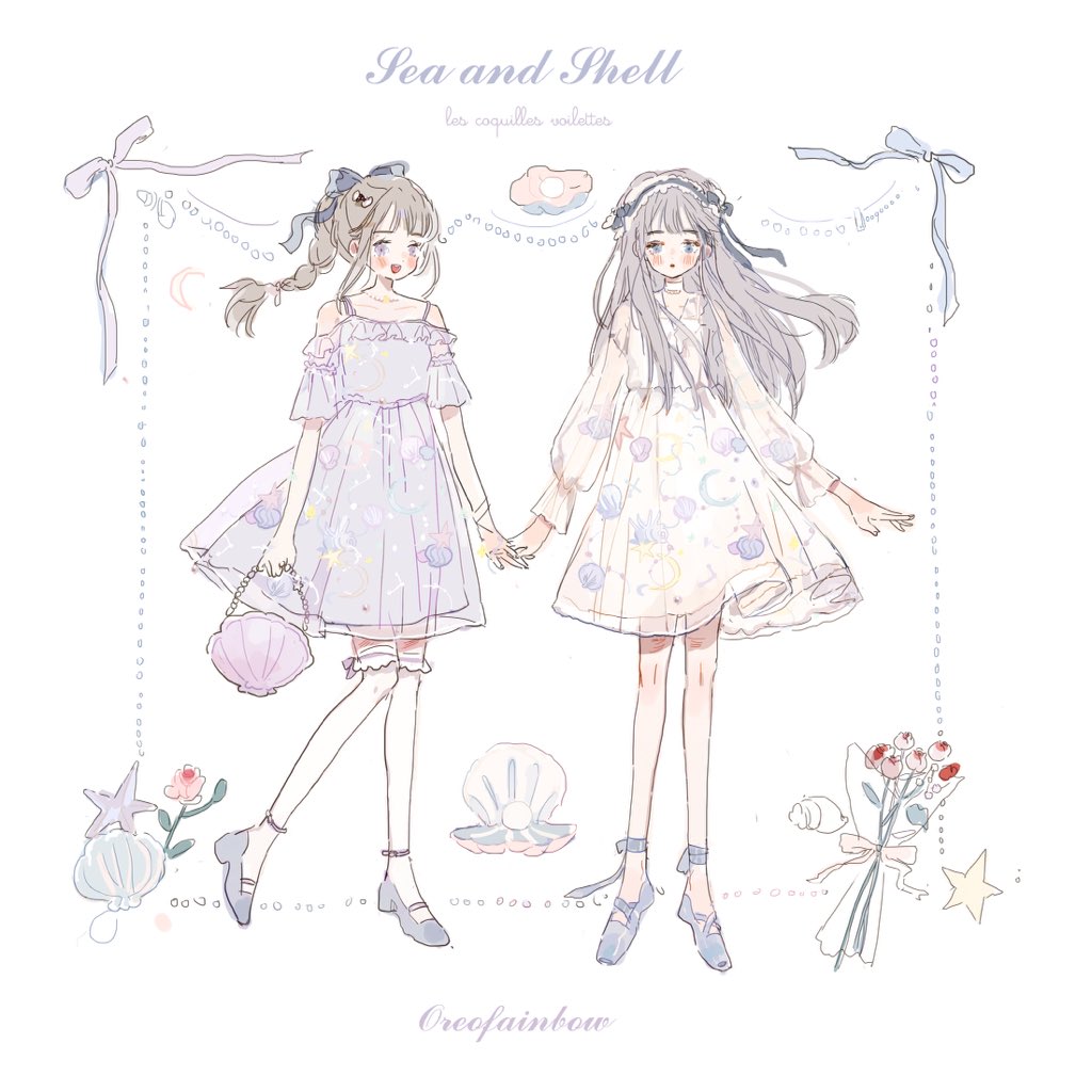 2girls artist_name bag bare_shoulders blue_bow blue_eyes blue_footwear blue_hairband blush_stickers bouquet bow bow_legwear braid braided_ponytail brown_hair choker commentary conch constellation_print crescent_print cross-laced_footwear dress english_commentary english_text flower flower_request french_text frilled_hairband frilled_sleeves frilled_thighhighs frills full_body gem grey_hair hair_bow hairband high_heels holding holding_bag lace-trimmed_choker lace_trim layered_dress lolita_fashion lolita_hairband long_hair long_sleeves mixed-language_text multiple_girls open_mouth orange_bow original oyster parted_lips pearl_(gemstone) pink_flower pumps purple_bag purple_bow purple_dress putong_xiao_gou red_flower seashell_print see-through_dress_layer shell_bag shoes short_dress short_sleeves smile spaghetti_strap star_(symbol) straight-on straight_hair thigh-highs violet_eyes white_background white_choker white_dress white_thighhighs