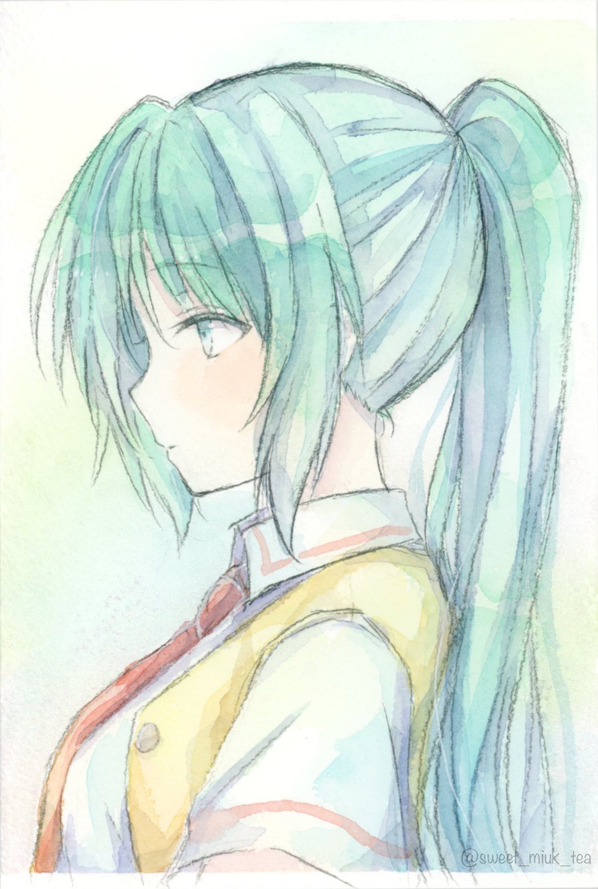 1girl closed_mouth commentary_request from_side gradient_background green_eyes green_hair high_ponytail highres higurashi_no_naku_koro_ni lone_nape_hair long_hair looking_to_the_side necktie painting_(medium) partial_commentary ponytail profile red_necktie school_uniform shirt short_sleeves solo sonozaki_mion sweet_miuk_tea traditional_media twitter_username vest watercolor_(medium) white_shirt wing_collar yellow_vest