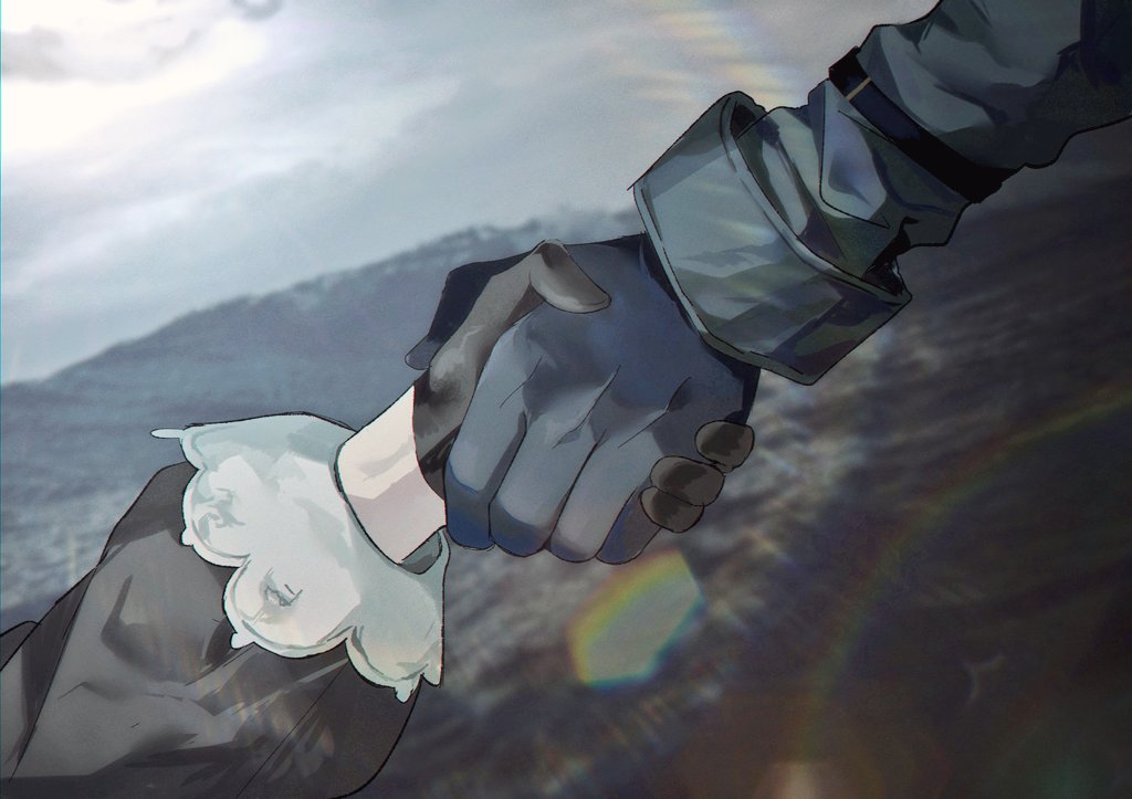 1boy 1girl aehobakjeon arknights black_gloves black_shirt blue_gloves close-up commentary_request gloves grey_sky hand_focus holding_hands irene_(arknights) lens_flare long_sleeves lumen_(arknights) mountainous_horizon out_of_frame outdoors shirt sky