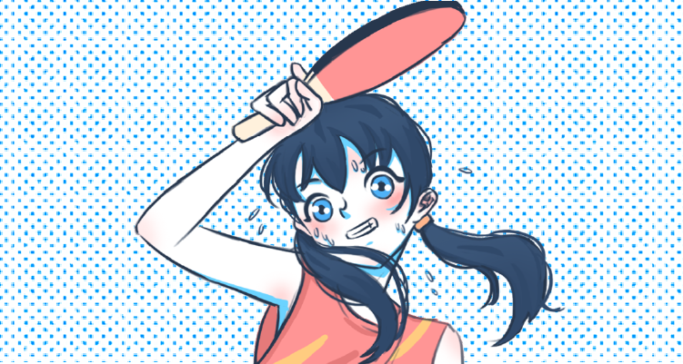 1girl artist_request bad_link black_hair blue_theme blush breasts chinese_commentary holding holding_paddle open_mouth original paddle simple_background small_breasts solo sweat table_tennis_paddle teeth twintails upper_body
