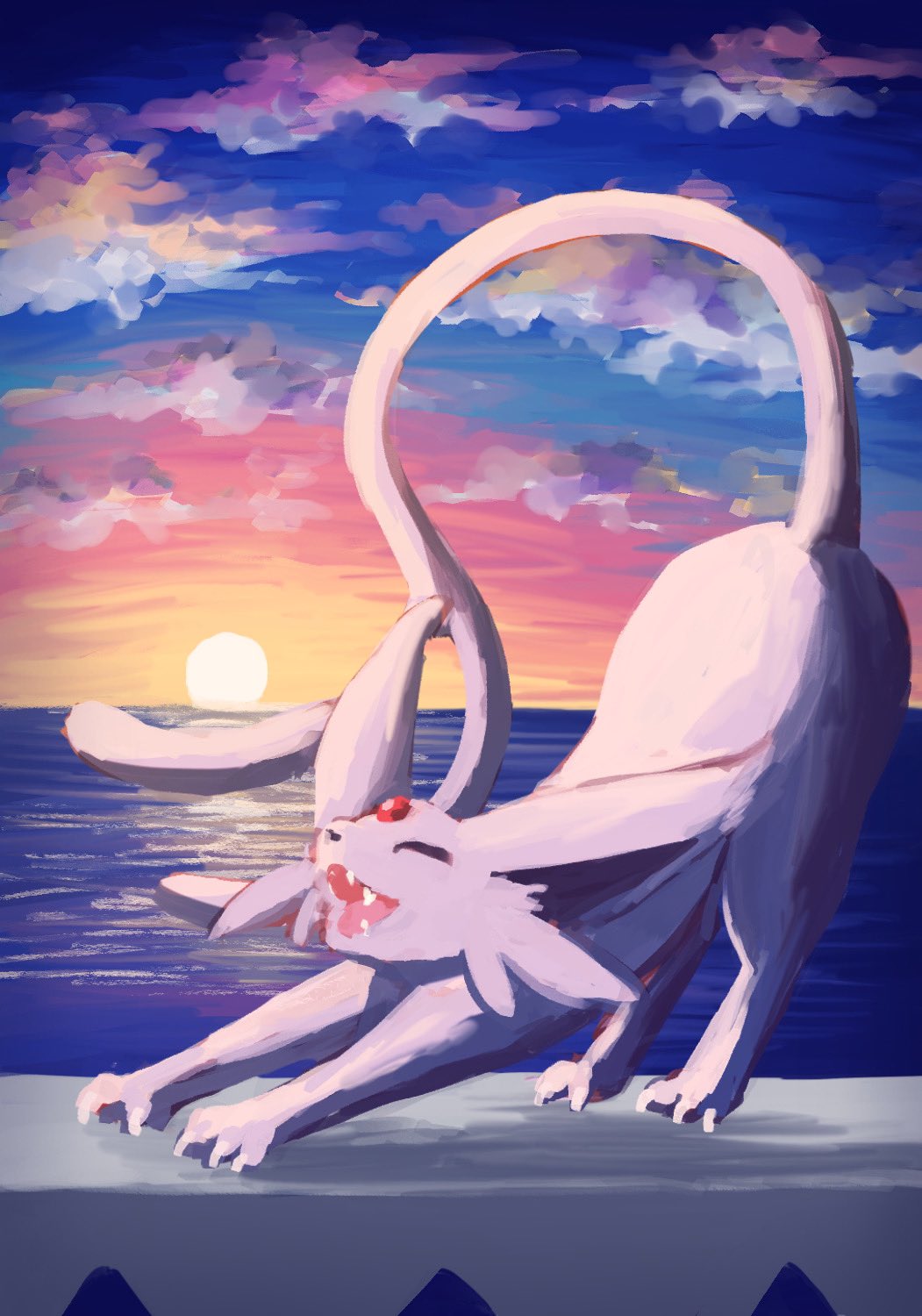 7_phi_3 animal_focus cat_stretch closed_eyes clouds cloudy_sky dawn espeon forehead_jewel forked_tail highres horizon no_humans open_mouth pokemon pokemon_(creature) sky smile stretching sun tail teeth