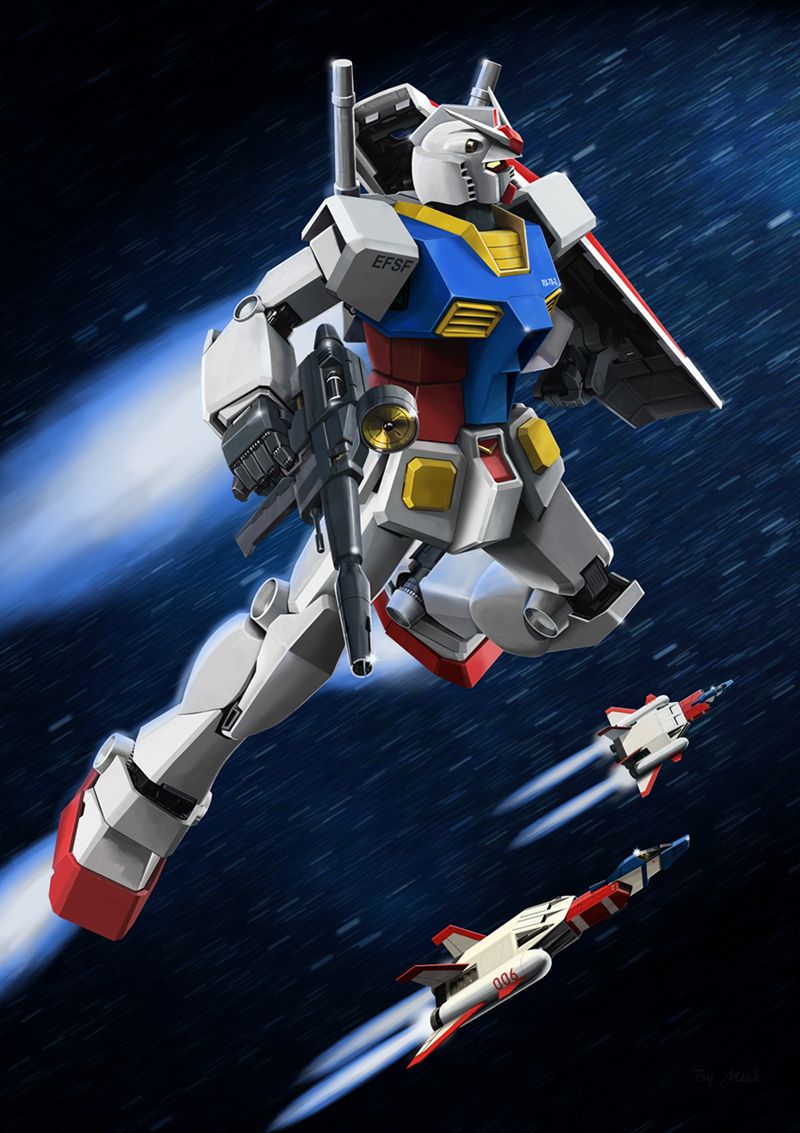 beam_rifle commentary_request core_booster earth_federation_space_forces energy_gun exhaust finger_on_trigger flying gun gundam holding holding_gun holding_shield holding_weapon looking_up mecha mick_(m.ishizuka) mobile_suit mobile_suit_gundam motion_blur no_humans realistic robot rx-78-2 science_fiction shield space spacecraft starfighter v-fin weapon yellow_eyes