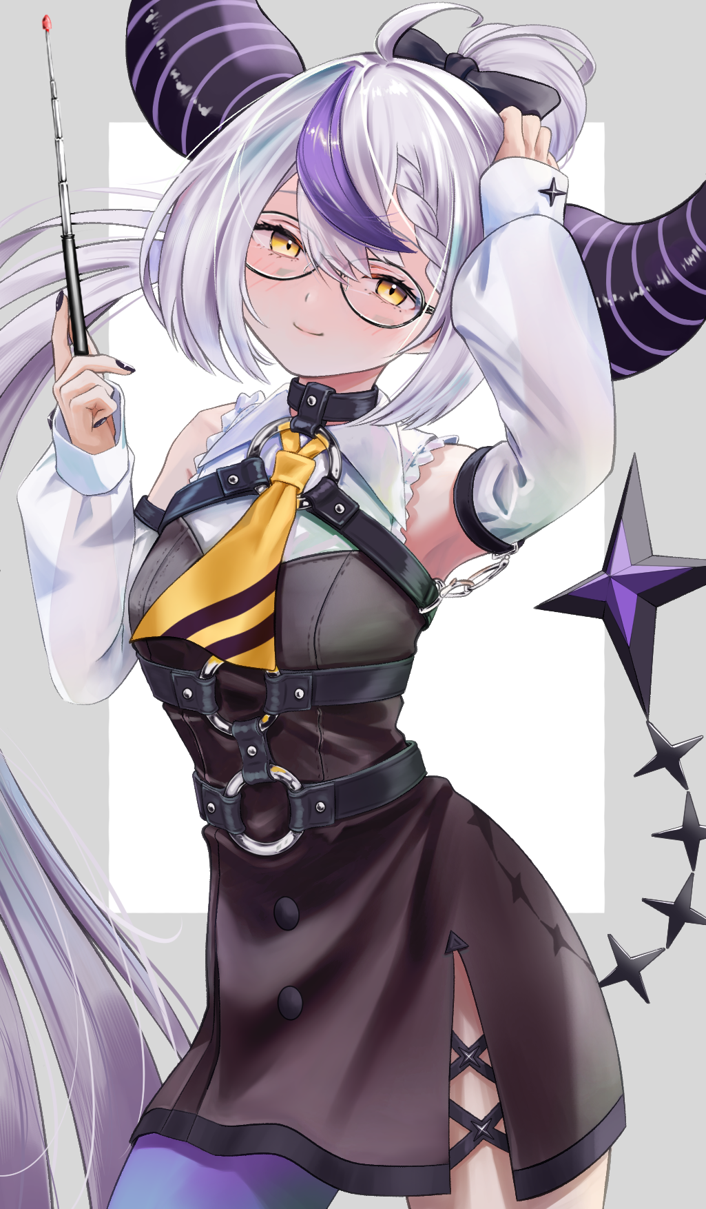 1girl armpits ascot bare_shoulders braid braided_bangs detached_sleeves glasses highres hololive horns hxk4_n la+_darknesss long_hair multicolored_hair o-ring pointy_ears ponytail purple_hair streaked_hair striped_horns thigh-highs virtual_youtuber yellow_ascot yellow_eyes