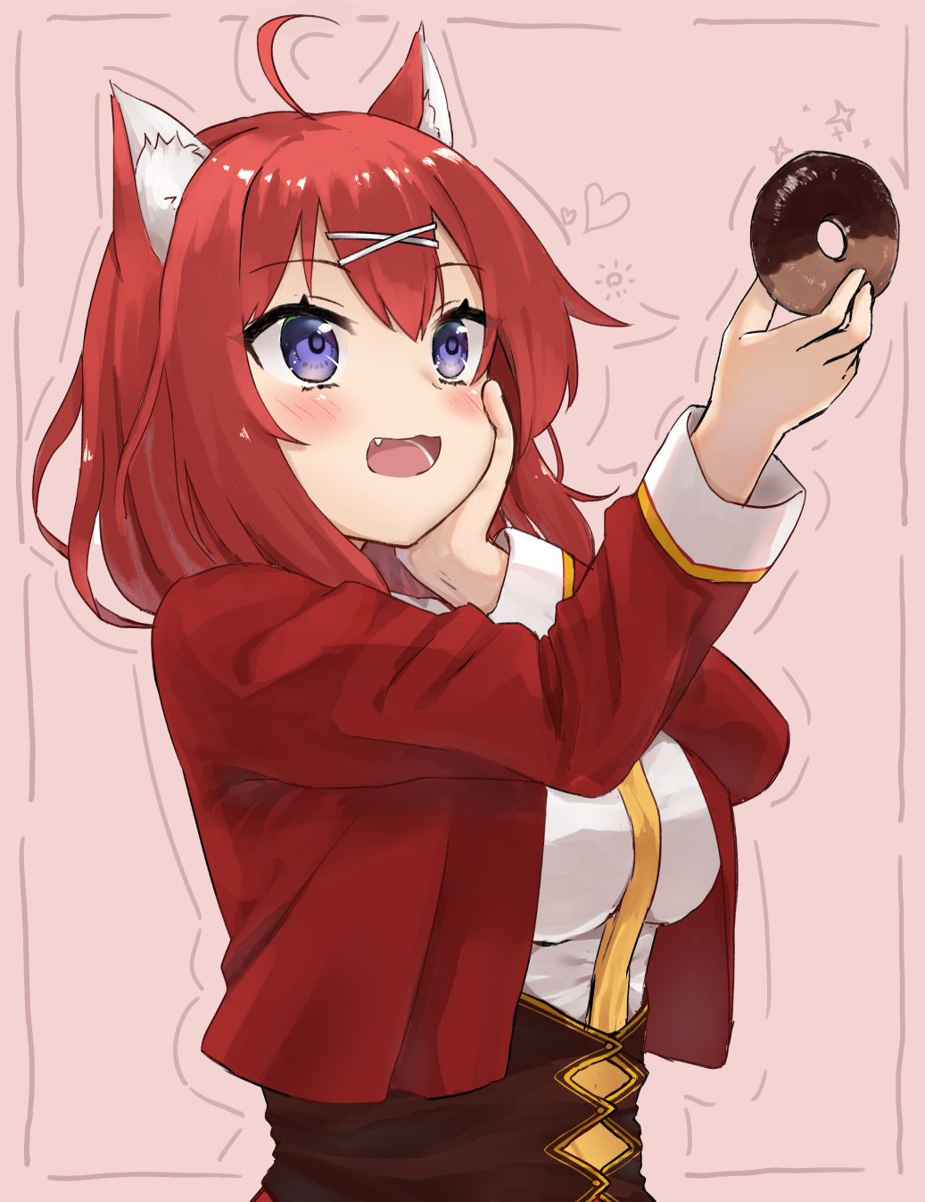 1girl :d ahoge amairo_islenauts animal_ear_fluff animal_ears blue_eyes blush breasts chocolate_doughnut commentary_request cropped_jacket double-parted_bangs doughnut eyelashes eyes_visible_through_hair fang food hair_between_eyes hair_ornament hand_on_own_cheek hand_on_own_face happy heart highres holding_doughnut jacket large_breasts long_sleeves looking_at_food masaki_gaillard medium_hair miyaran01 necktie open_clothes open_jacket open_mouth pink_background red_jacket redhead school_uniform shirt simple_background smile solo sparkle teeth tsurime upper_body upturned_eyes white_shirt wolf_ears wolf_girl x_hair_ornament yellow_necktie