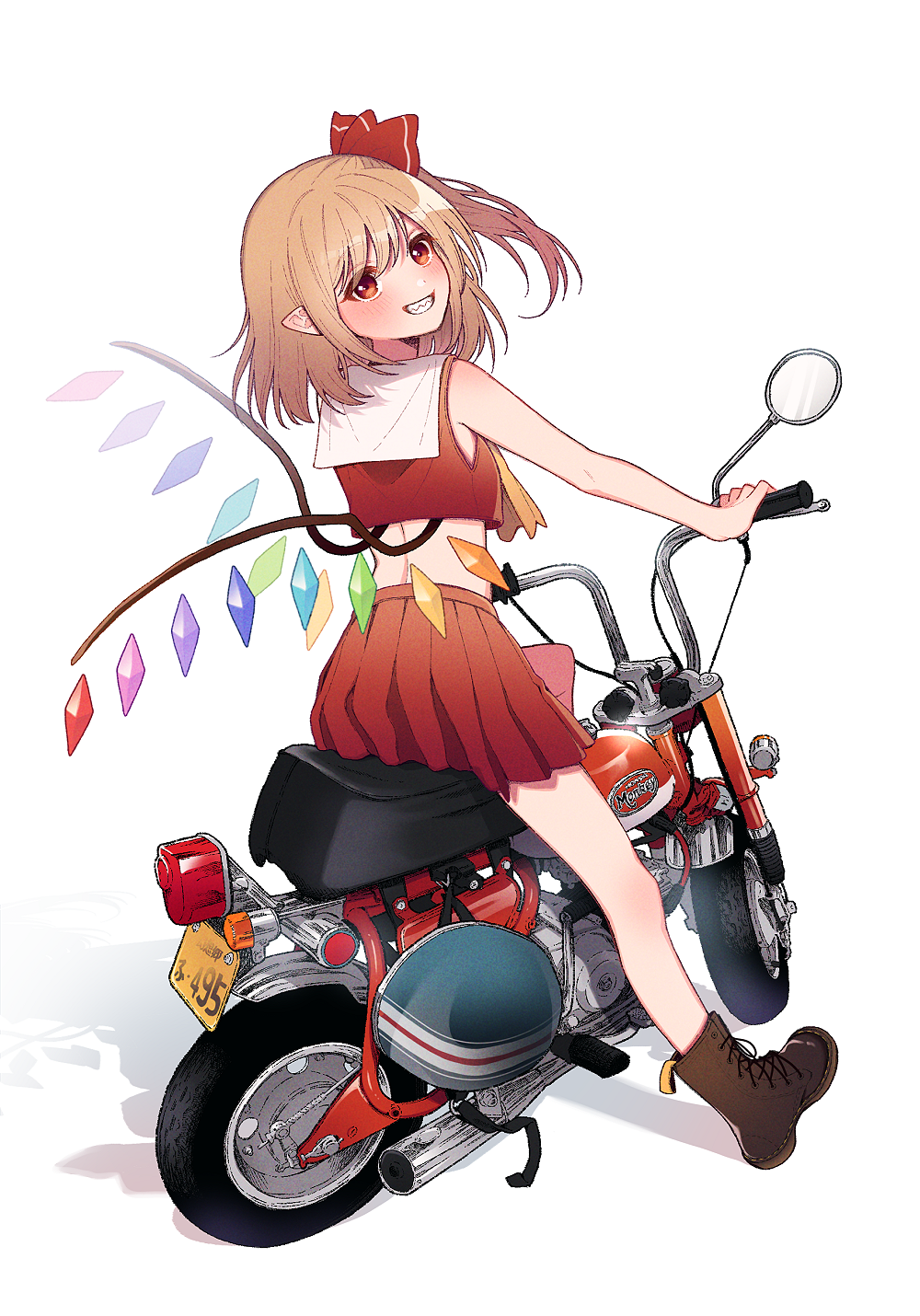 1girl ascot blonde_hair flandre_scarlet highres motor_vehicle motorcycle multicolored_wings one_side_up red_eyes red_skirt shadow simple_background skirt solo touhou touya_(konpekitou) wings yellow_ascot