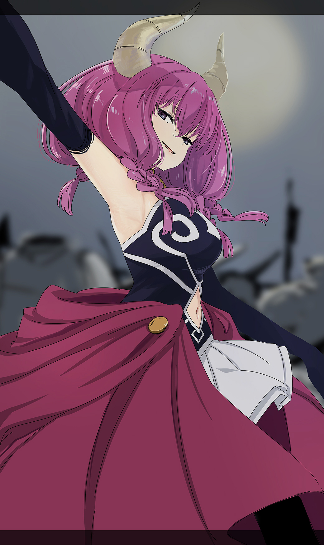 1girl abe_kanari armpits aura_(sousou_no_frieren) braid breasts clothing_cutout demon_girl demon_horns elbow_gloves evil_smile gloves highres horns large_breasts long_hair looking_at_viewer navel navel_cutout outstretched_arms purple_hair skirt smile solo sousou_no_frieren spread_arms violet_eyes