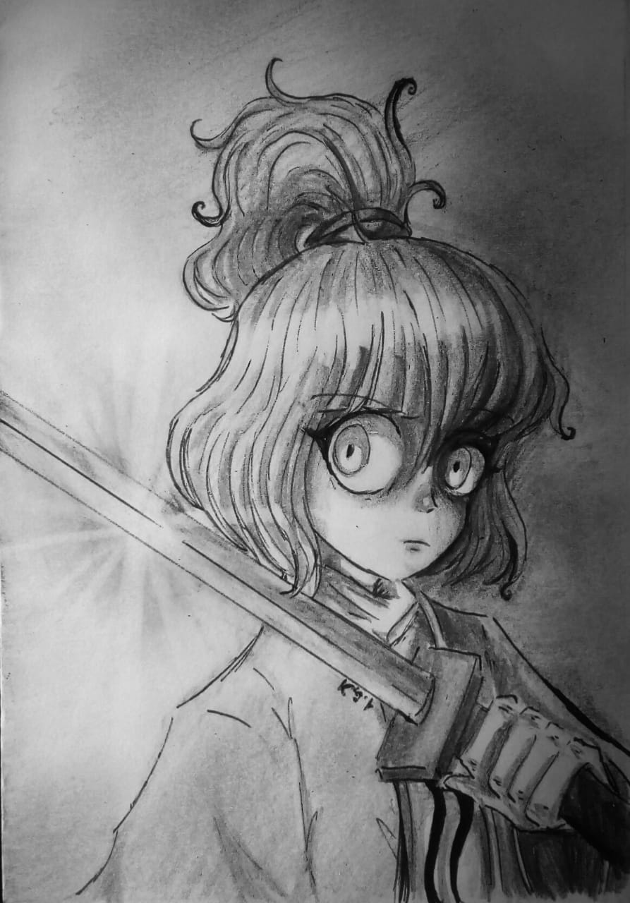 1other adagumo_no_saragimaru androgynous capelet closed_mouth commentary dated_commentary english_commentary ev4nescent eyelashes frown graphite_(medium) greyscale high_ponytail highres holding holding_sword holding_weapon japanese_clothes len'en looking_at_viewer messy_hair monochrome necktie other_focus ponytail_holder scar shaded_face short_hair short_ponytail signature solo sword traditional_media upper_body weapon