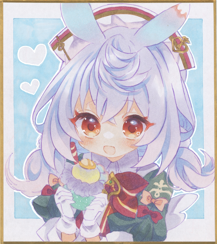 1girl animal_ears blush border cupcake eyelashes food genshin_impact gloves grey_hair heart holding holding_food open_mouth puffy_sleeves short_twintails sigewinne_(genshin_impact) solo traditional_media twintails upper_body white_border white_gloves white_hair wminiminiw