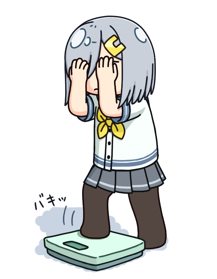 1girl bathroom_scale black_pantyhose commentary_request covering_own_eyes grey_hair grey_sailor_collar grey_skirt hair_ornament hair_over_one_eye hairclip hama!_(3toshinhmkz) hamakaze_(kancolle) kantai_collection neckerchief no_nose pantyhose pleated_skirt sailor_collar school_uniform serafuku short_hair simple_background skirt solo weighing_scale weight_conscious white_background yellow_neckerchief