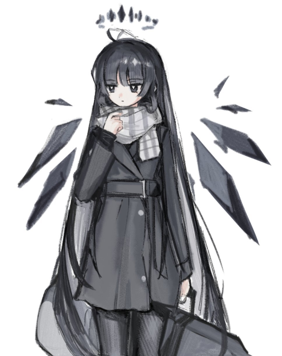 1girl antenna_hair arknights belt belt_buckle black_belt black_coat black_eyes black_hair black_halo black_jacket black_thighhighs black_wings blunt_bangs bright_pupils broken_halo buckle buttons closed_mouth coat collared_coat commentary cowboy_shot dark_halo detached_wings dot_mouth dot_nose energy_wings expressionless facing_viewer grey_scarf halo hand_up hatching_(texture) highres hime_cut holding holding_case instrument_case jacket layered_sleeves linear_hatching long_hair long_sleeves looking_afar looking_to_the_side mole mole_under_eye multicolored_clothes multicolored_scarf pale_skin plaid plaid_scarf scarf sidelocks simple_background solo standing symbol-only_commentary thigh-highs thighs two-tone_scarf very_long_hair virtuosa_(arknights) weibo_7841564805 white_background white_pupils white_scarf wing_collar wings