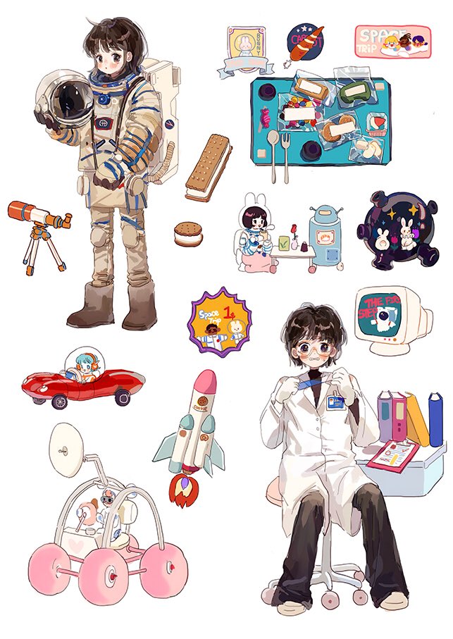 5girls :o astronaut backpack badge bag black_pants black_shirt blue_hair blue_shirt blush_stickers book boots brown-framed_eyewear brown_eyes brown_footwear brown_hair car chair clenched_teeth clipboard coat collared_coat driving food full_body glasses gloves helmet holding holding_helmet ice_cream ice_cream_sandwich kneeling lab_coat land_rover layered_sleeves long_sleeves loose_hair_strand motor_vehicle multiple_girls name_tag no_shoes office_chair open_mouth orange_headphones original pants parted_lips pink_pants putong_xiao_gou robot rocket round_eyewear scientist shirt shoes sitting smile socks spacesuit striped striped_shirt sweat swivel_chair teeth telescope two-tone_shirt unworn_headwear wavy_mouth white_background white_bag white_coat white_footwear white_gloves white_headwear white_shirt white_socks