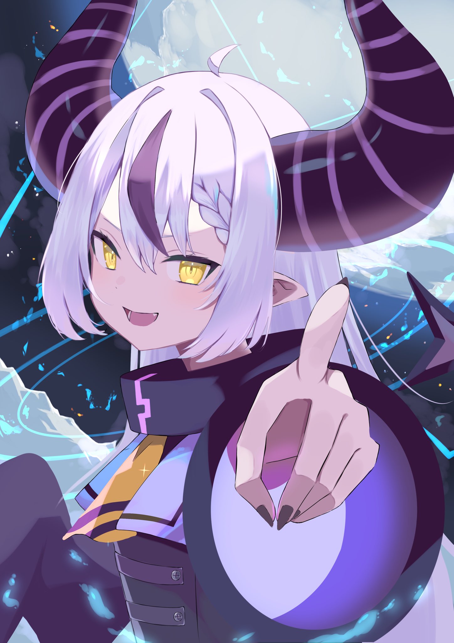 1girl ahoge black_horns black_nails braid braided_bangs collar grey_hair highres hololive horns la+_darknesss la+_darknesss_(1st_costume) long_hair looking_at_viewer metal_collar multicolored_hair nail_polish nicky0 open_mouth pointing pointing_at_viewer pointy_ears purple_hair smile solo streaked_hair striped_horns virtual_youtuber yellow_eyes