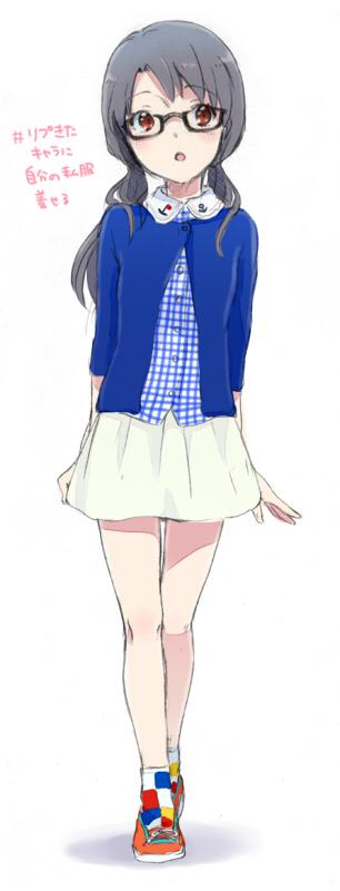 1girl anchor_print black-framed_eyewear blue_cardigan blue_shirt boat_print buttons cardigan checkered_socks clenched_hand collar collared_shirt commentary full_body glasses grey_hair hashtag idolmaster idolmaster_million_live! light_blush long_hair long_sleeves low_twintails miniskirt open_mouth orange_footwear plaid plaid_shirt red_eyes shadow shirt shoes skirt socks solo straight-on takayama_sayoko twintails white_background white_collar white_skirt white_socks witoi_(roa)