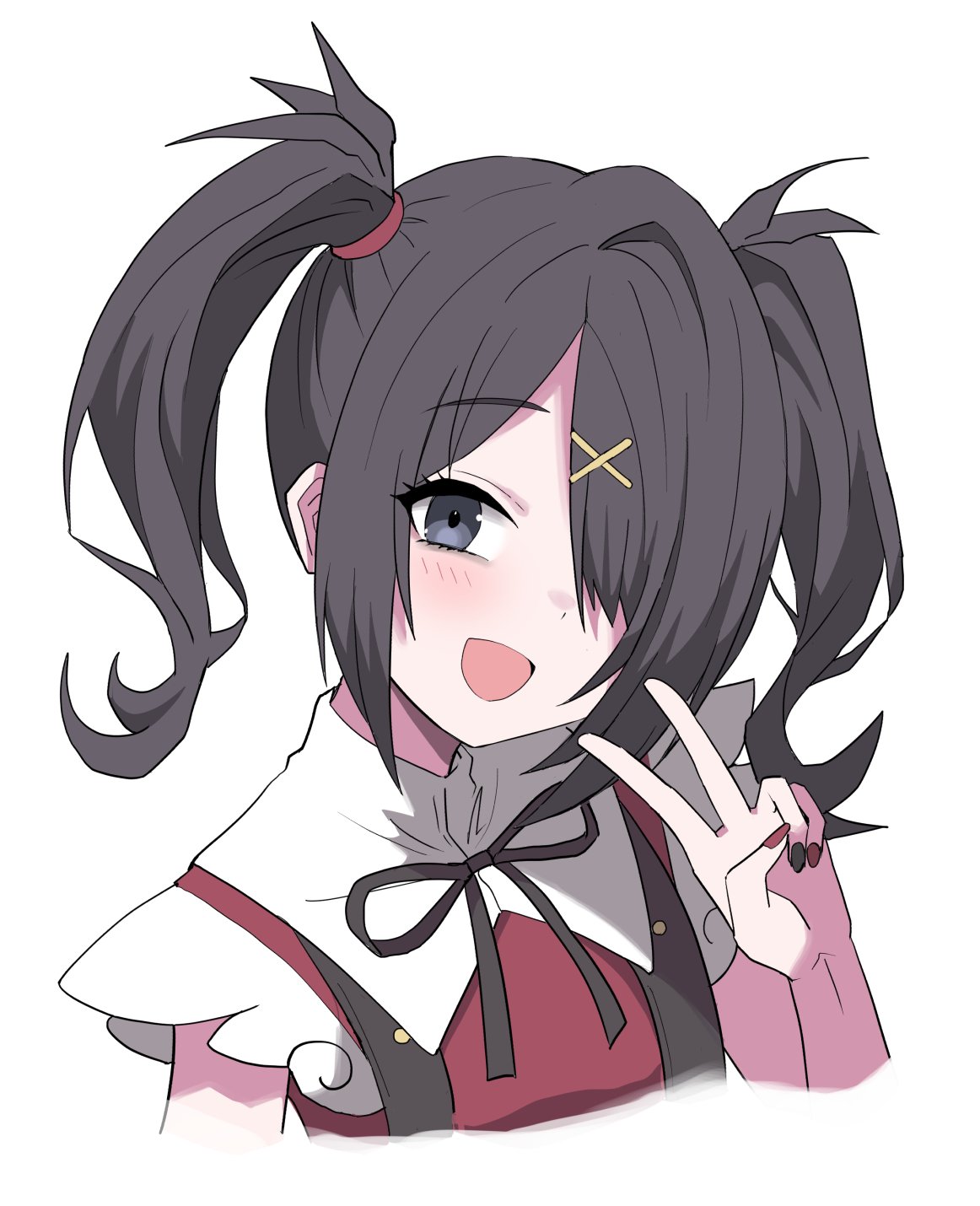 1girl :d ame-chan_(needy_girl_overdose) bags_under_eyes black_eyes black_hair black_nails black_ribbon blush collared_shirt hair_ornament hair_over_one_eye hair_tie hairclip halulu hand_up highres long_hair looking_at_viewer multicolored_nails neck_ribbon needy_girl_overdose open_mouth red_nails red_shirt ribbon shirt simple_background smile solo suspenders twintails upper_body v white_background x_hair_ornament