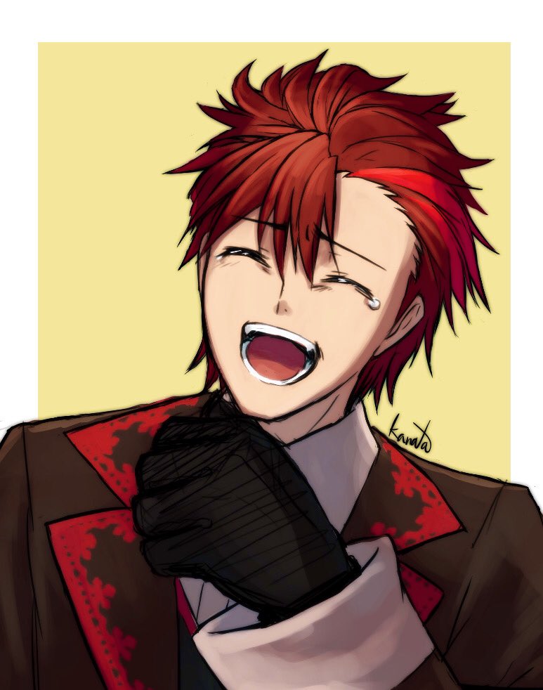 1boy black_gloves clenched_hand closed_eyes diamant_(fire_emblem) fire_emblem fire_emblem_engage gloves kanata_rot laughing male_focus open_mouth redhead solo teeth upper_body